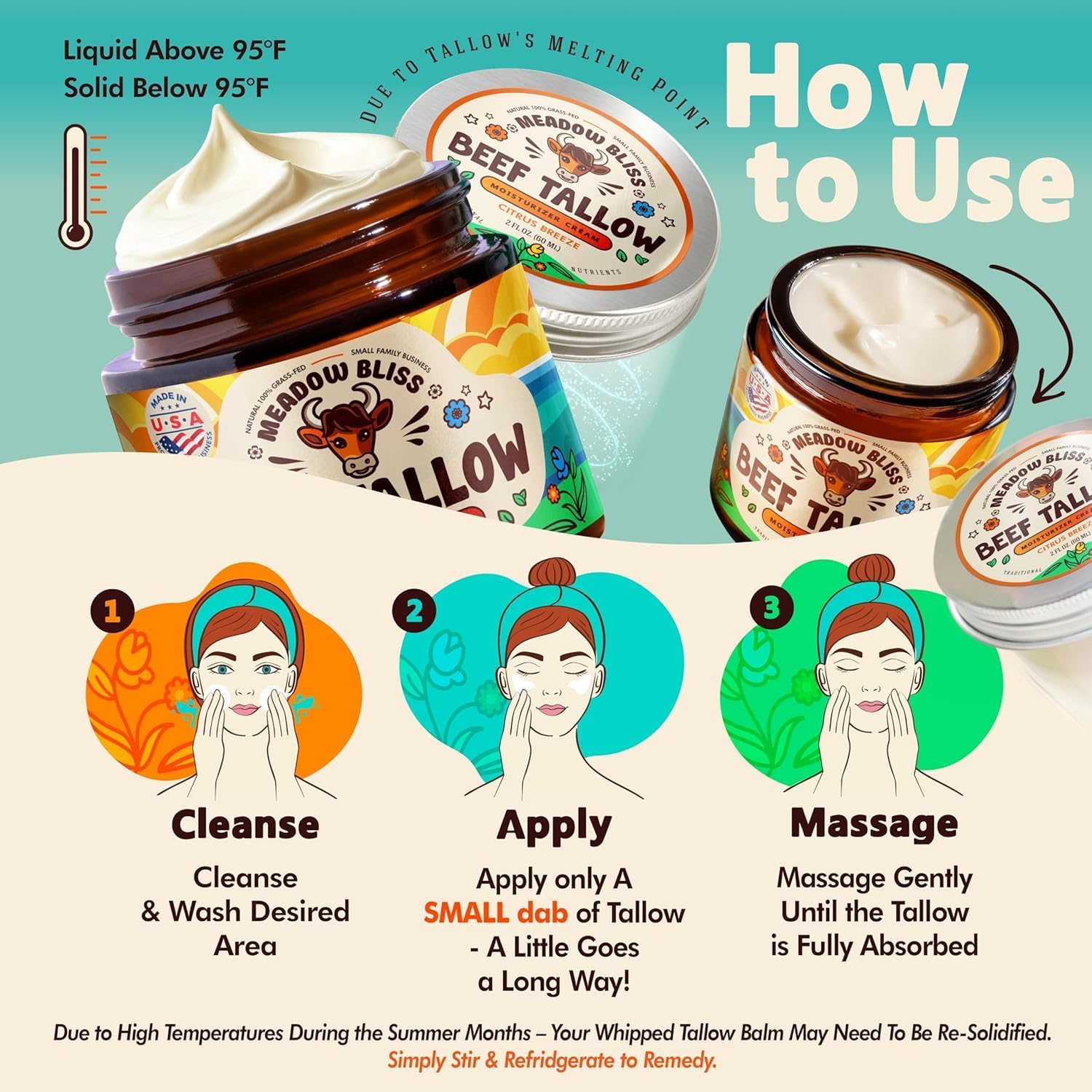 Meadow Bliss Beef Tallow for Skin – Whipped Moisturizer with Manuka Honey & Jojoba Oil | Citrus Breeze, 4 oz
