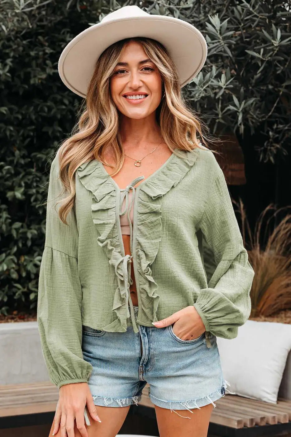 Green Cotton Bow Detail Meadow Blouse Women UK | Casual