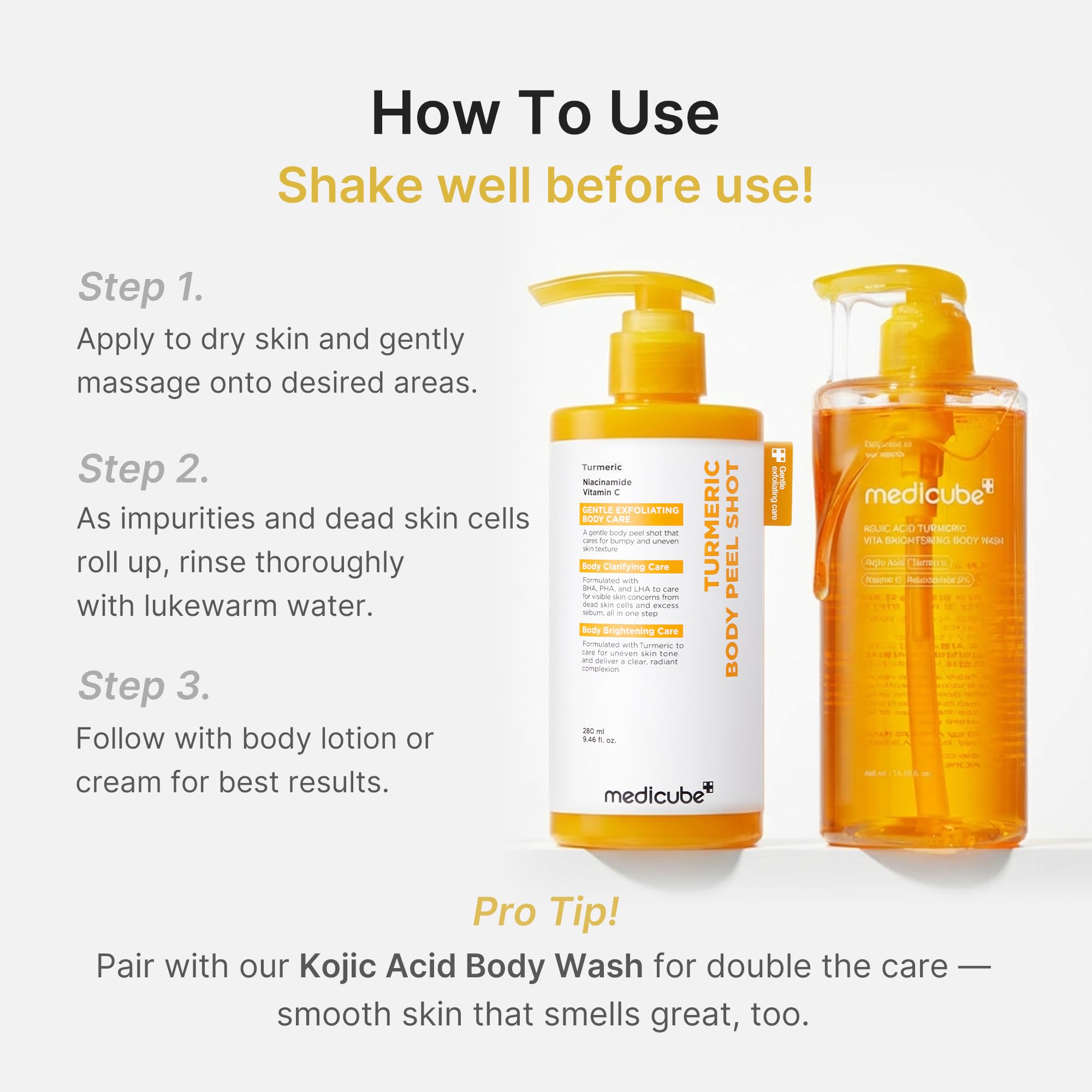 Medicube Body Peel Shot with Turmeric | Gentle Exfoliating Serum with BHA, LHA & PHA for Dead Skin, Texture & Excess Sebum | 9.46 fl oz