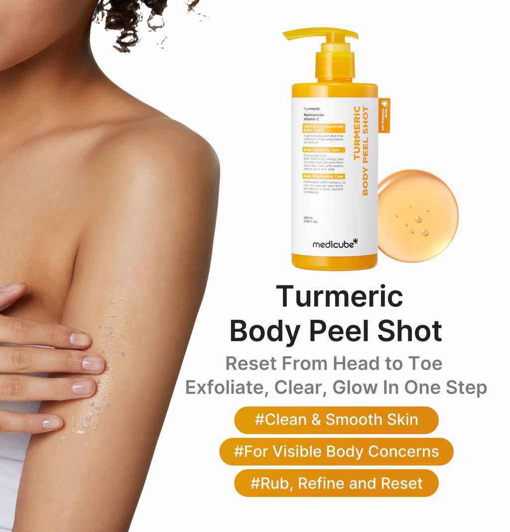 Medicube Body Peel Shot with Turmeric | Gentle Exfoliating Serum with BHA, LHA & PHA for Dead Skin, Texture & Excess Sebum | 9.46 fl oz