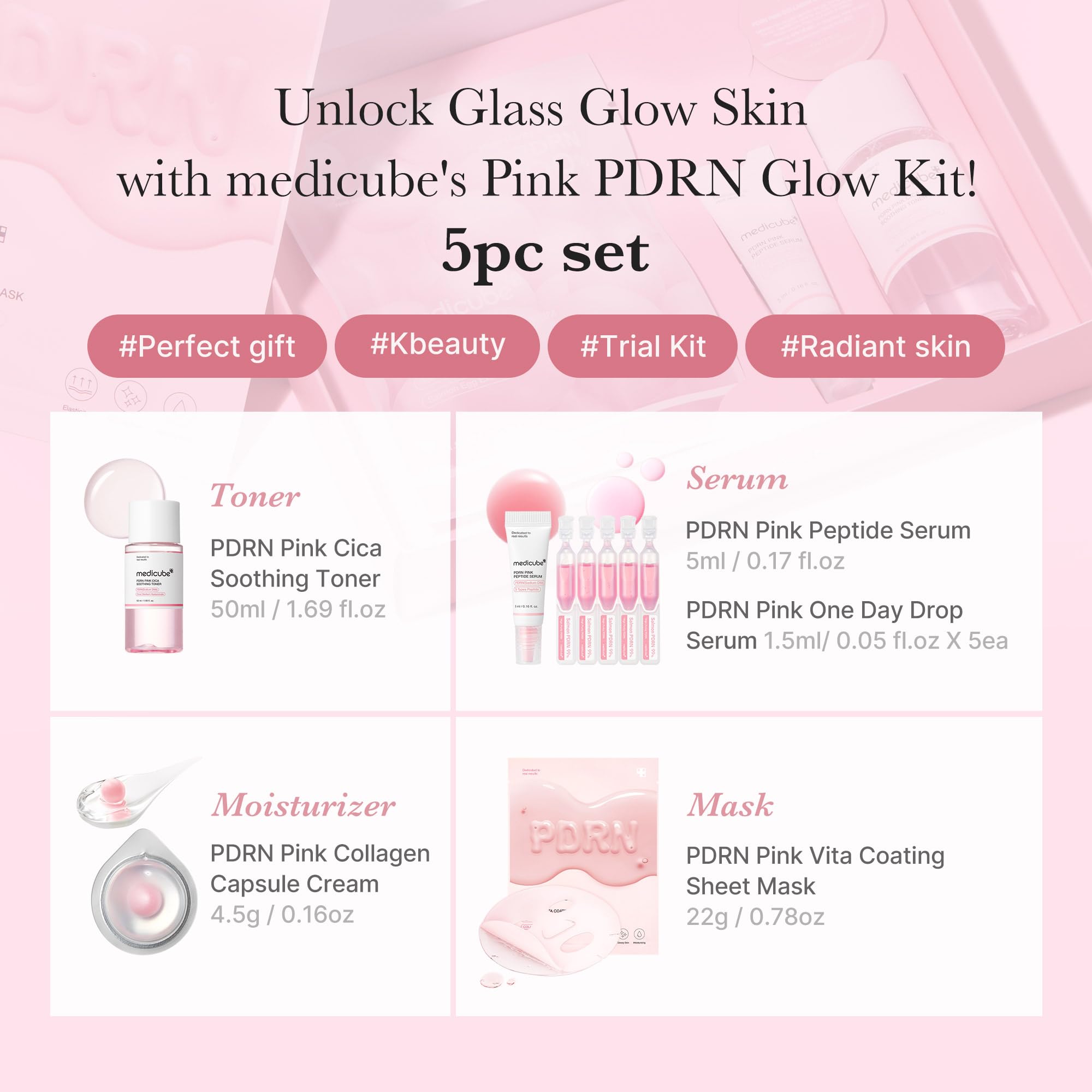 Medicube Salmon DNA PDRN Trial Kit – Glass Glow Mini Skincare Set with Toner, Serum & Sheet Mask