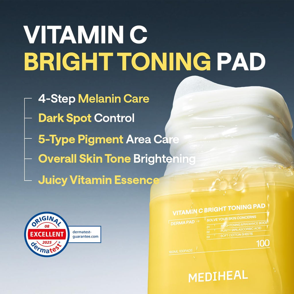 MEDIHEAL Toner Pads Vitamin C – Brightening, Niacinamide Blemish Care, 100 Count Vegan Pads