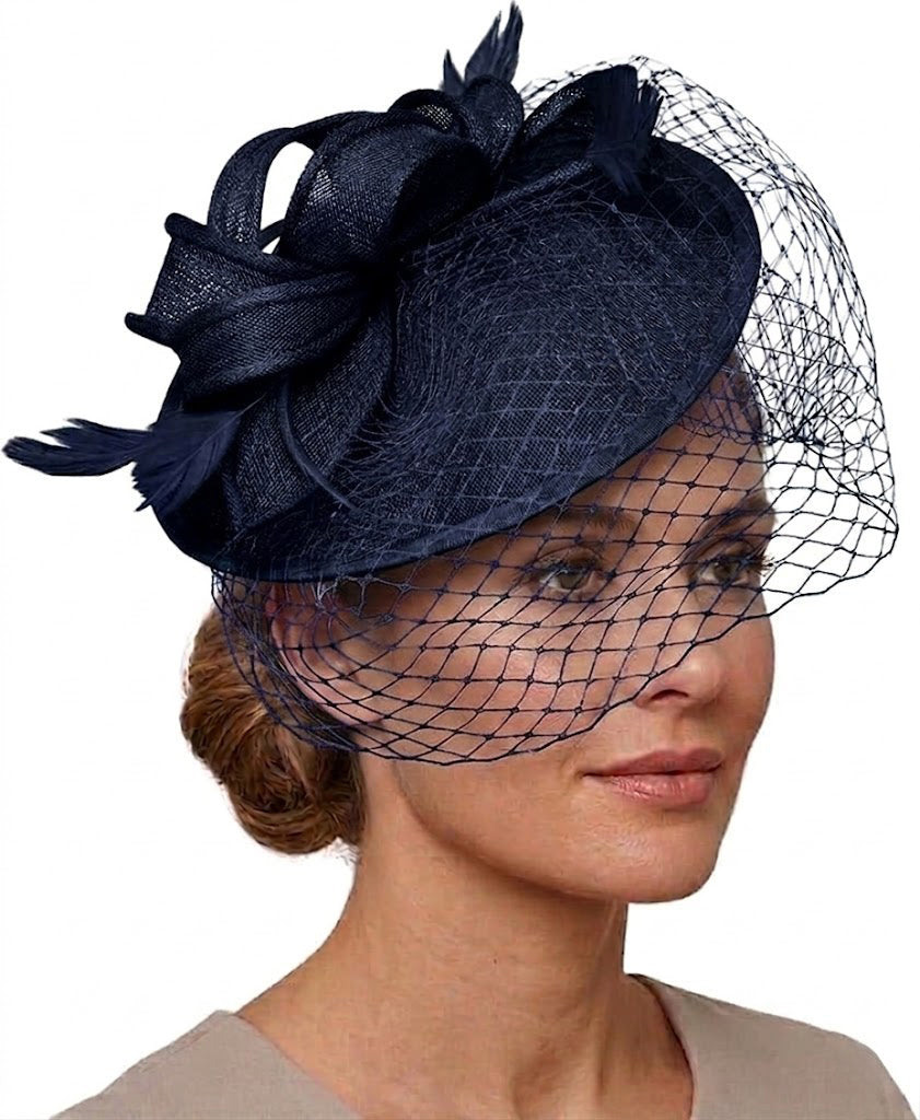 Caprilite Saucer Sinamay Headband Fascinator Wedding Ascot Hat Hatinator Birdcage Veil[Navy]