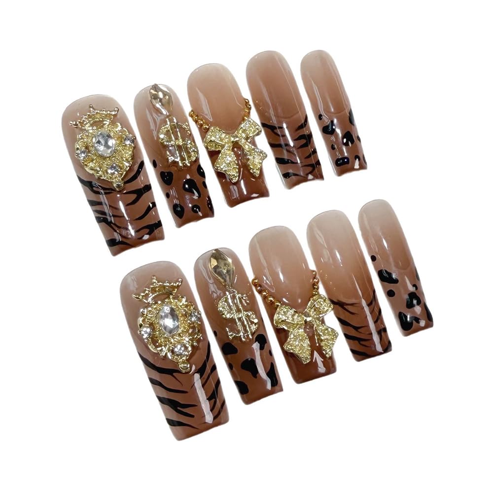 Meemooron Handmade Press-On Nails – Leopard French Tip with 3D Bow & Gold Crown