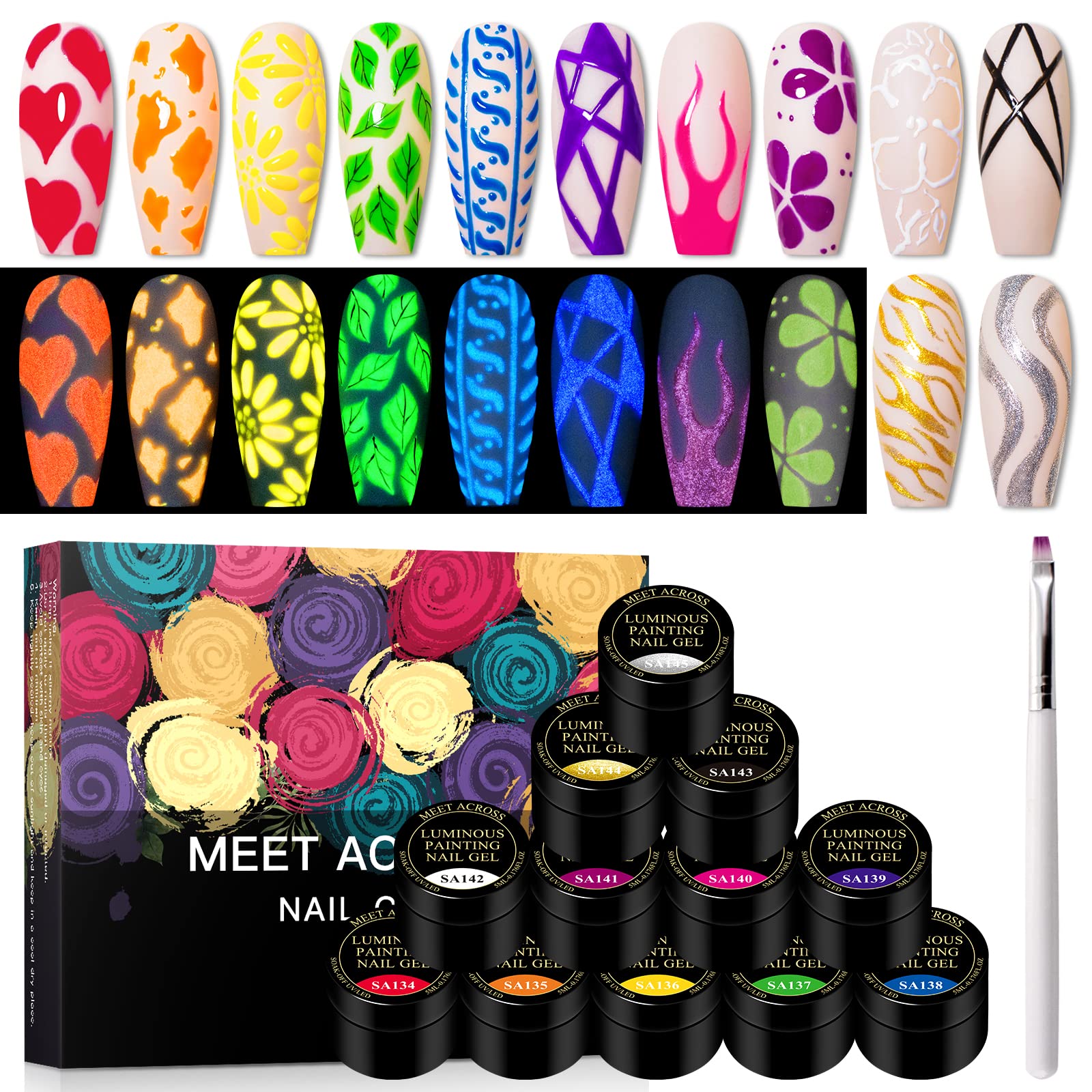 Glow in the Dark Nail Art Kit - 12 Neon Colors | MEET ACROSS UV Gel Polish, Soak-Off, Glow Effect