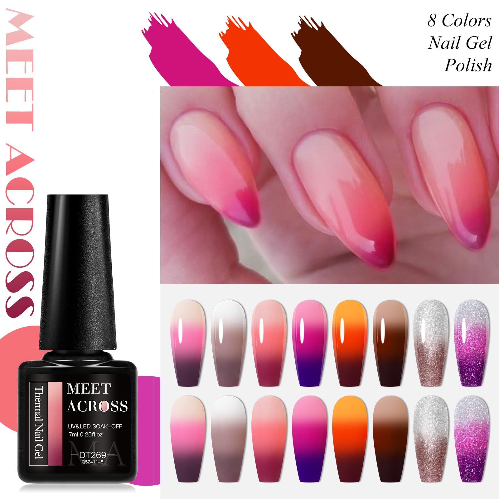 MEET ACROSS Mood Gel Nail Polish Set – Temperature Color-Changing Gel Colors Collection (8 Colors)