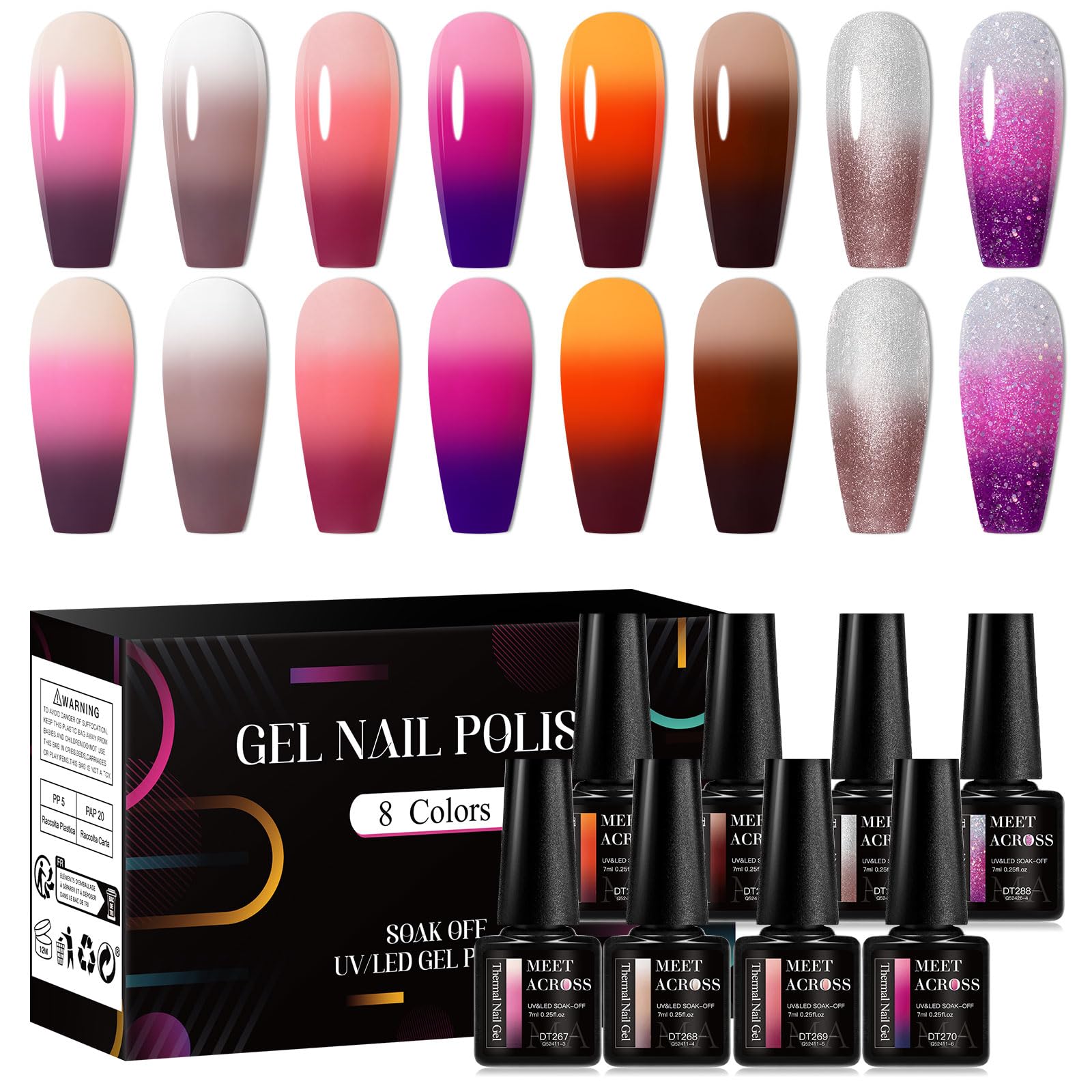 MEET ACROSS Mood Gel Nail Polish Set – Temperature Color-Changing Gel Colors Collection (8 Colors)