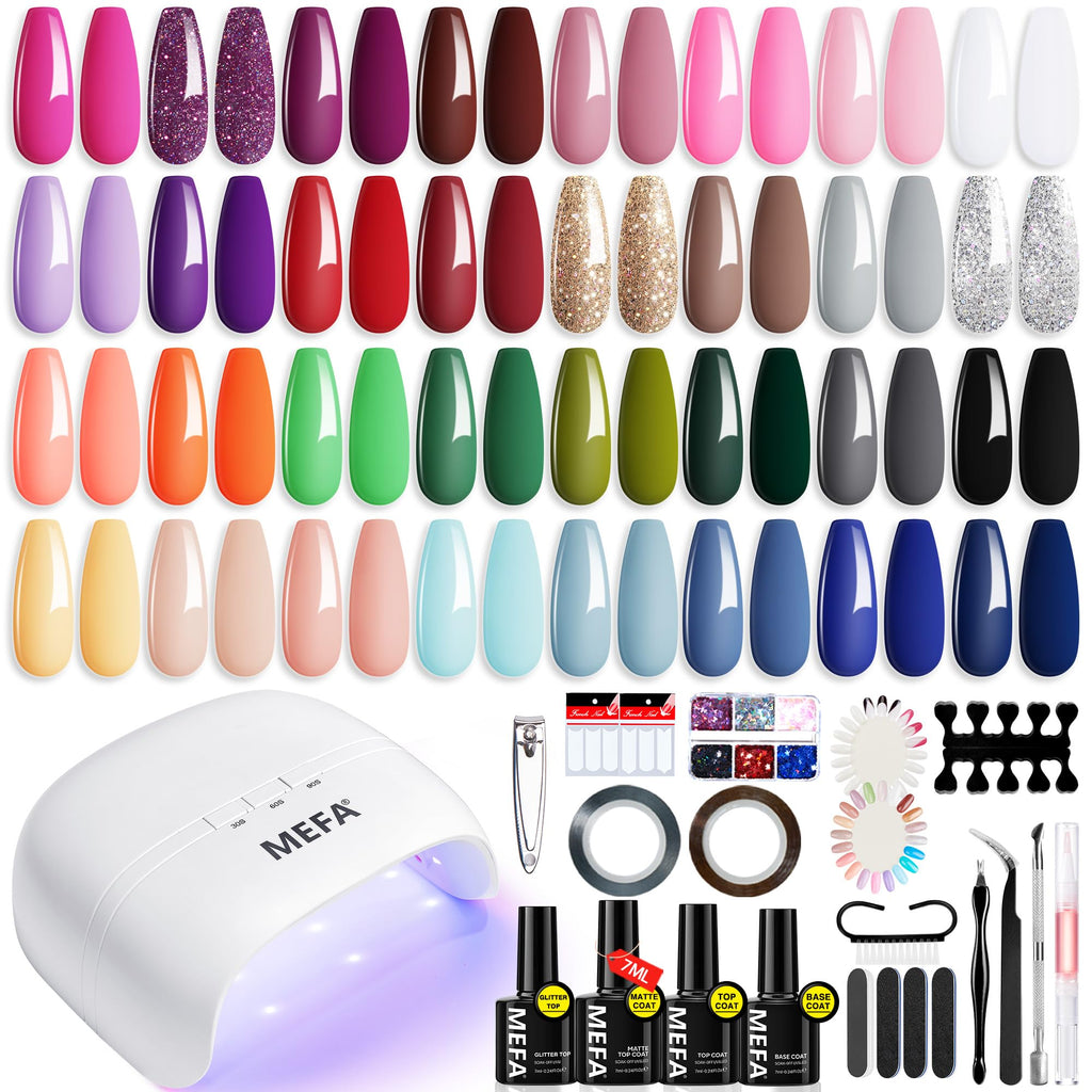 MEFA 60 Pcs Gel Nail Polish Kit with 72W UV LED Lamp – 32 Colors Home Manicure Set