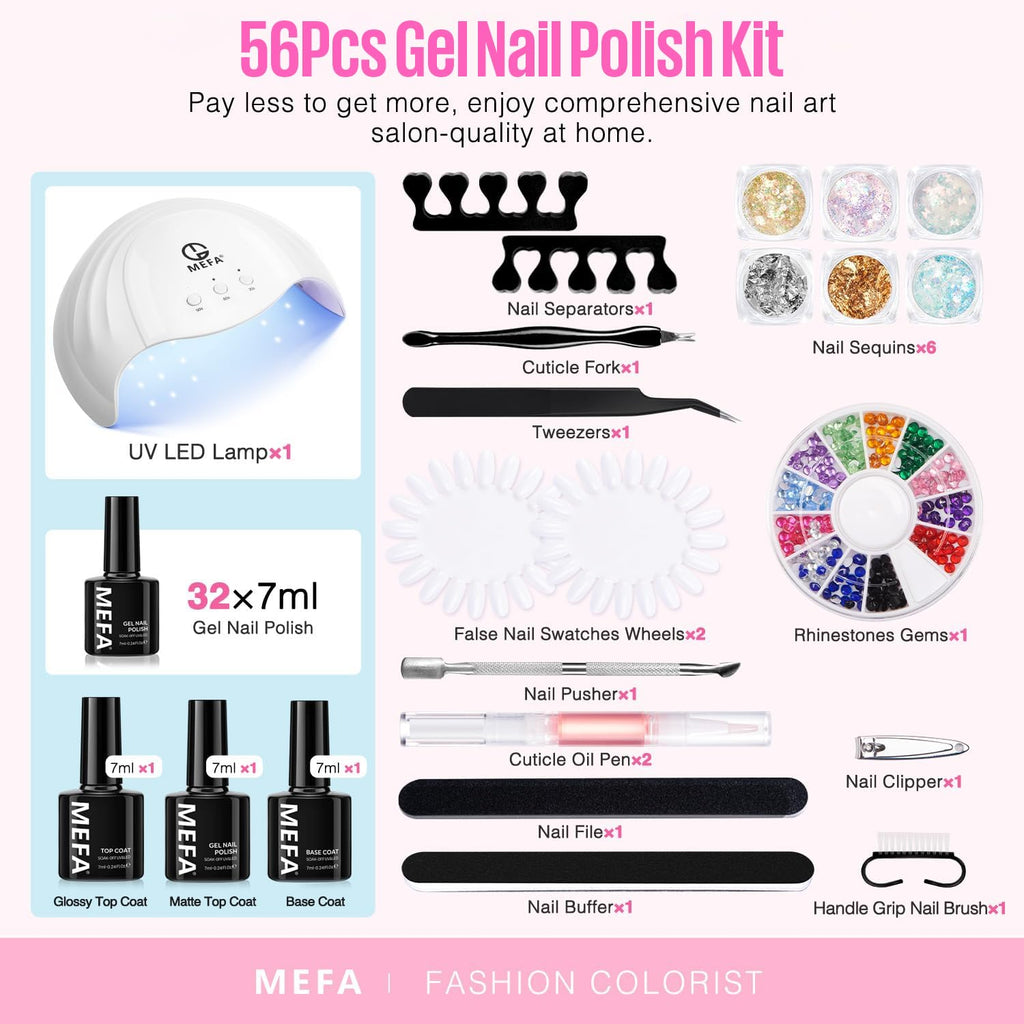 MEFA 32 Colors Gel Nail Polish Kit with 48W UV Lamp — Spring Pastel & Glitter Gel Nail Set