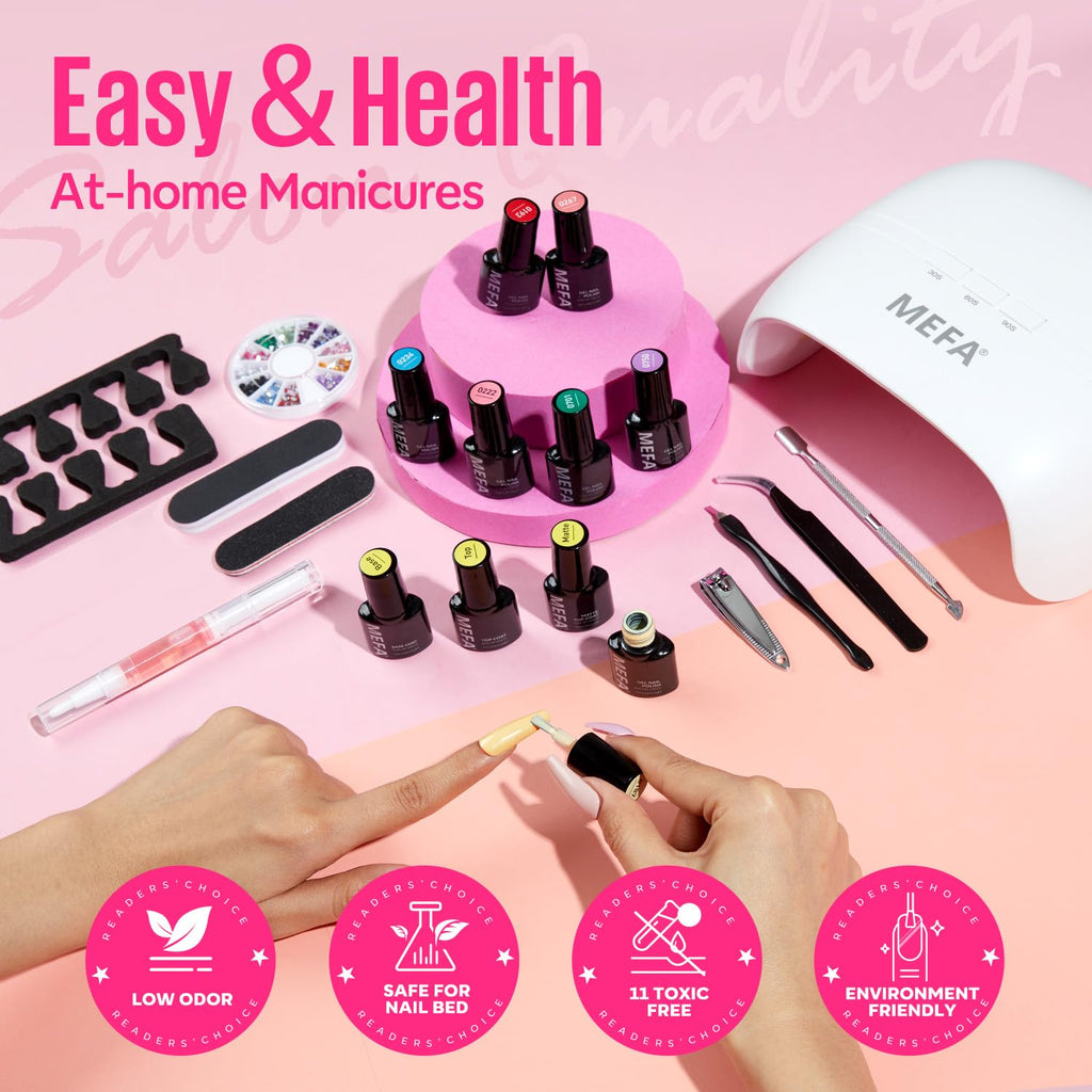 MEFA 34-Pcs Gel Nail Polish Kit with 48W UV Lamp – 20 Colors, Base & Top Coats, DIY Nail Art at Home