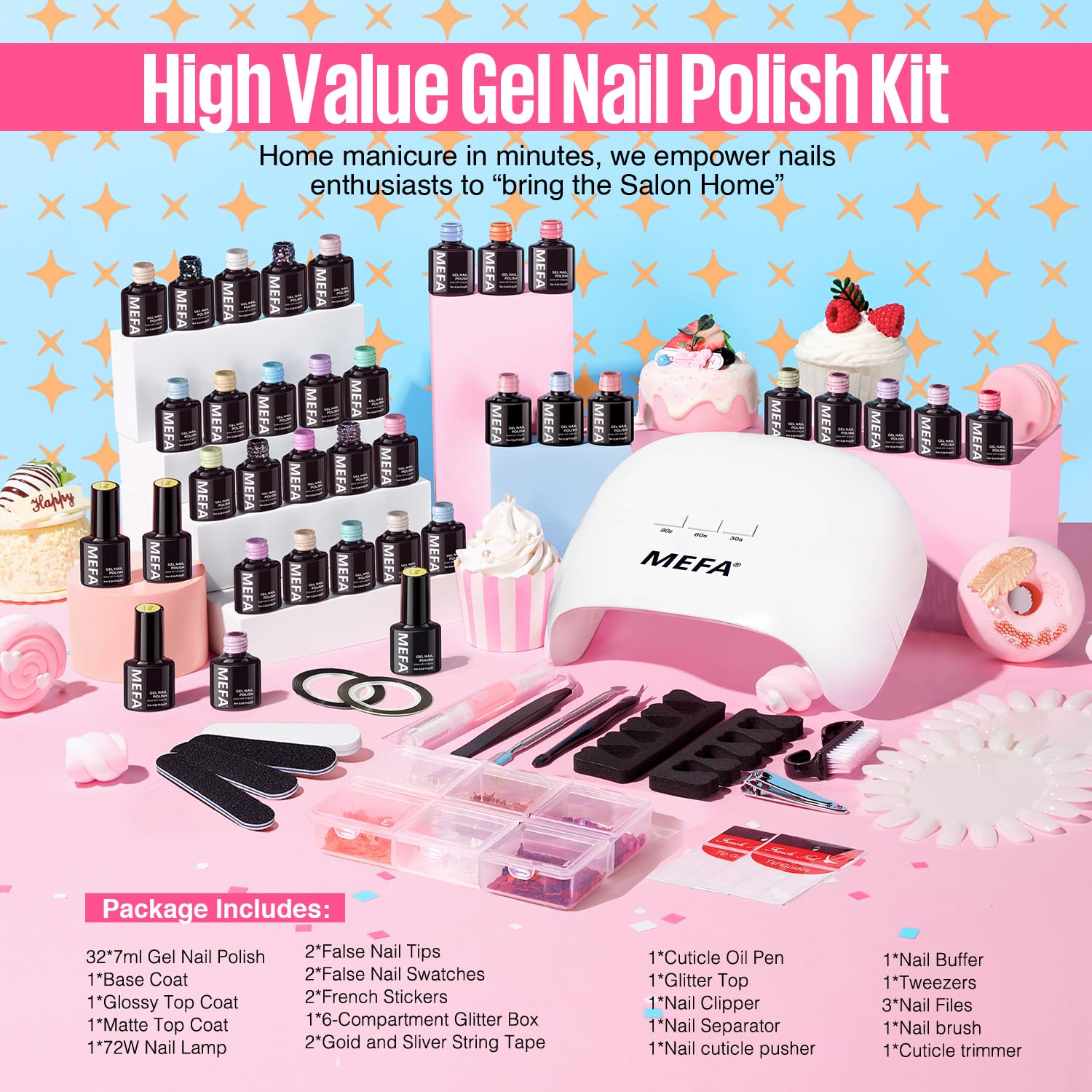 MEFA 32 Colors Gel Nail Polish Kit with 48W UV Lamp — Spring Pastel & Glitter Gel Nail Set
