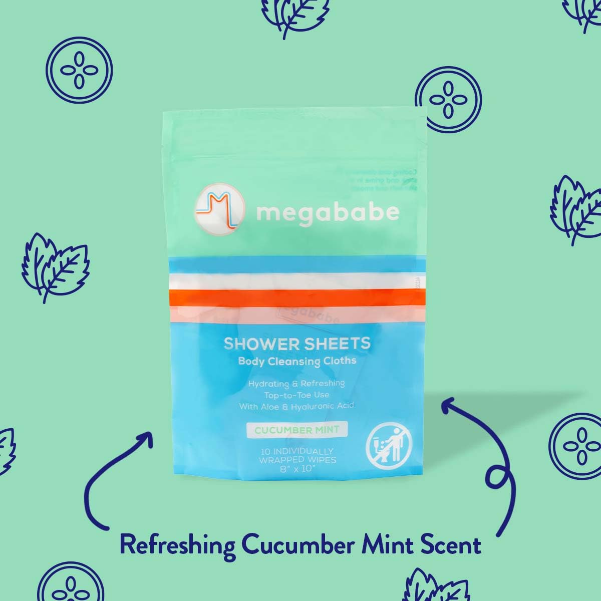 Megababe Cucumber Mint Shower Sheets – Individually Wrapped Body Cleansing Cloths (10 Wipes, Pack of 2)