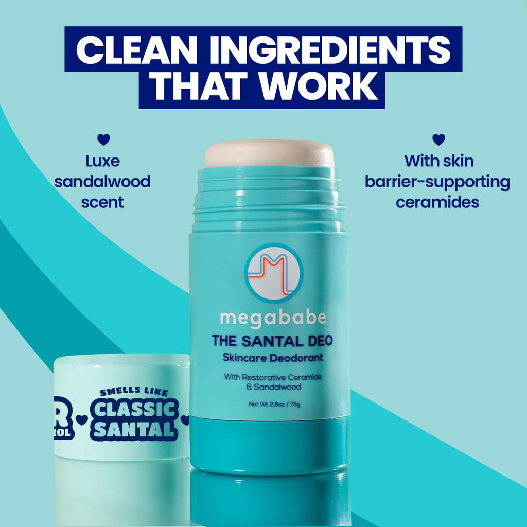 Megababe Santal Deo – 72-Hour Odor Protection, Aluminum-Free, Ceramides + Sandalwood, 2.6 oz