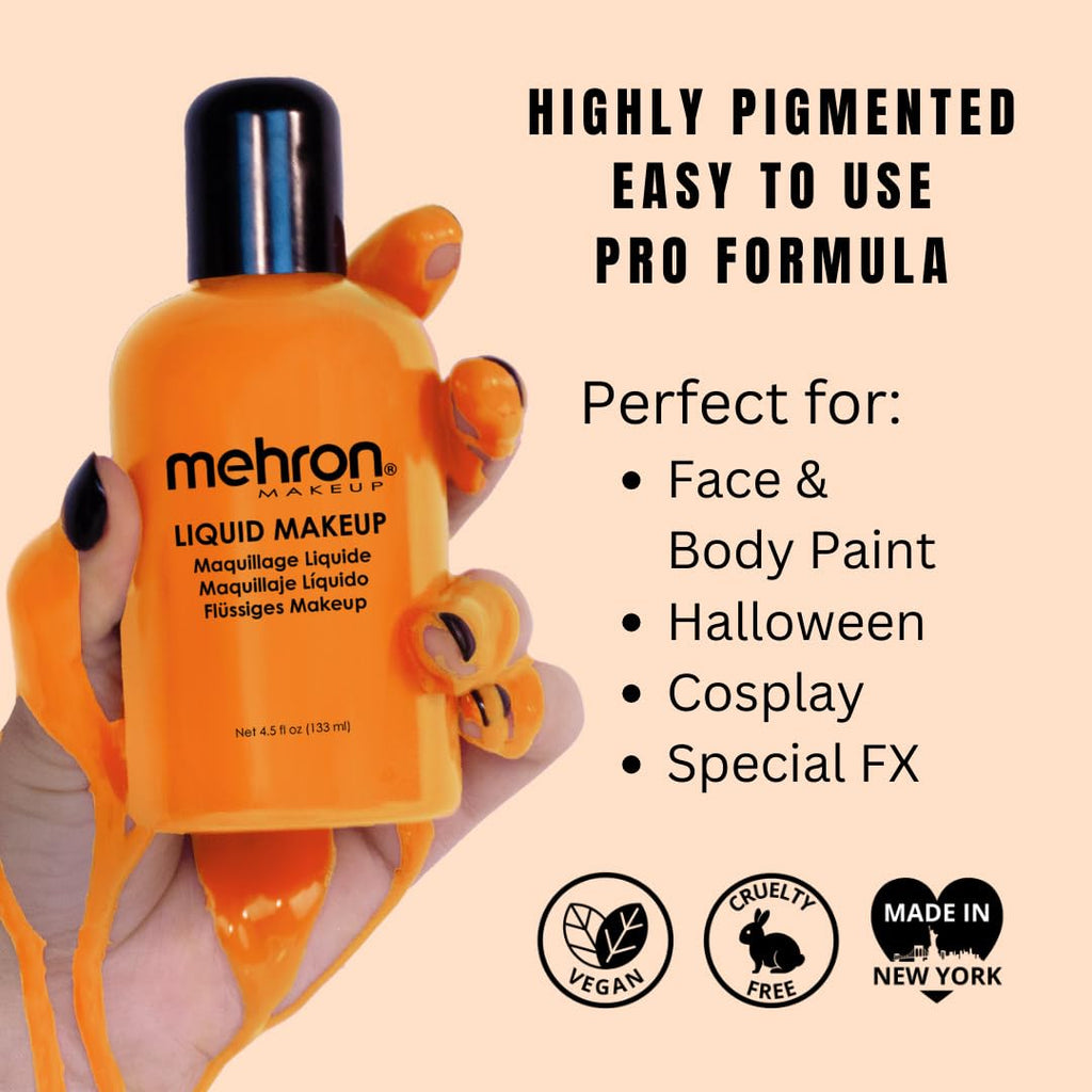 Mehron Liquid Makeup Orange – Pro Face & Body Paint, Airbrush Ready, 4.5 oz
