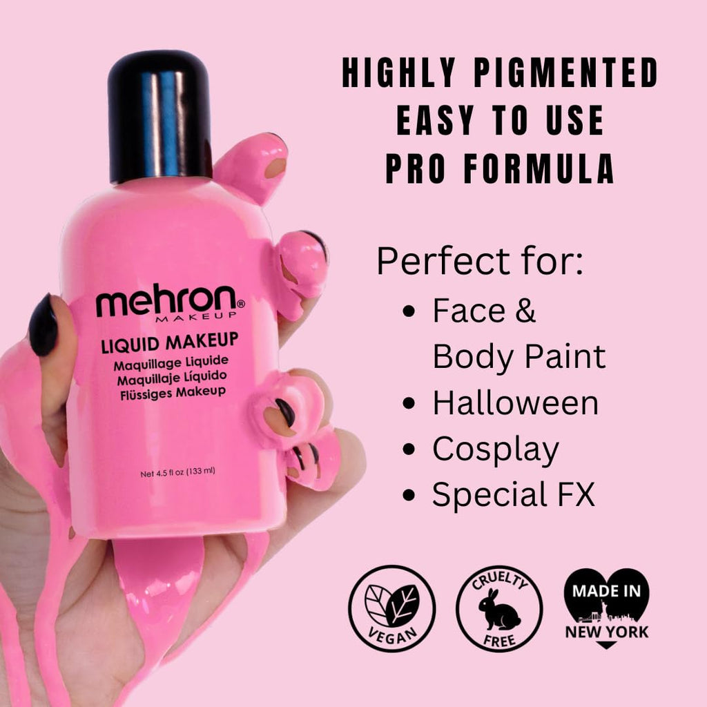 Mehron Liquid Makeup Pink – Pro Face & Body Paint for Halloween & Cosplay | Airbrush Ready 4.5 oz