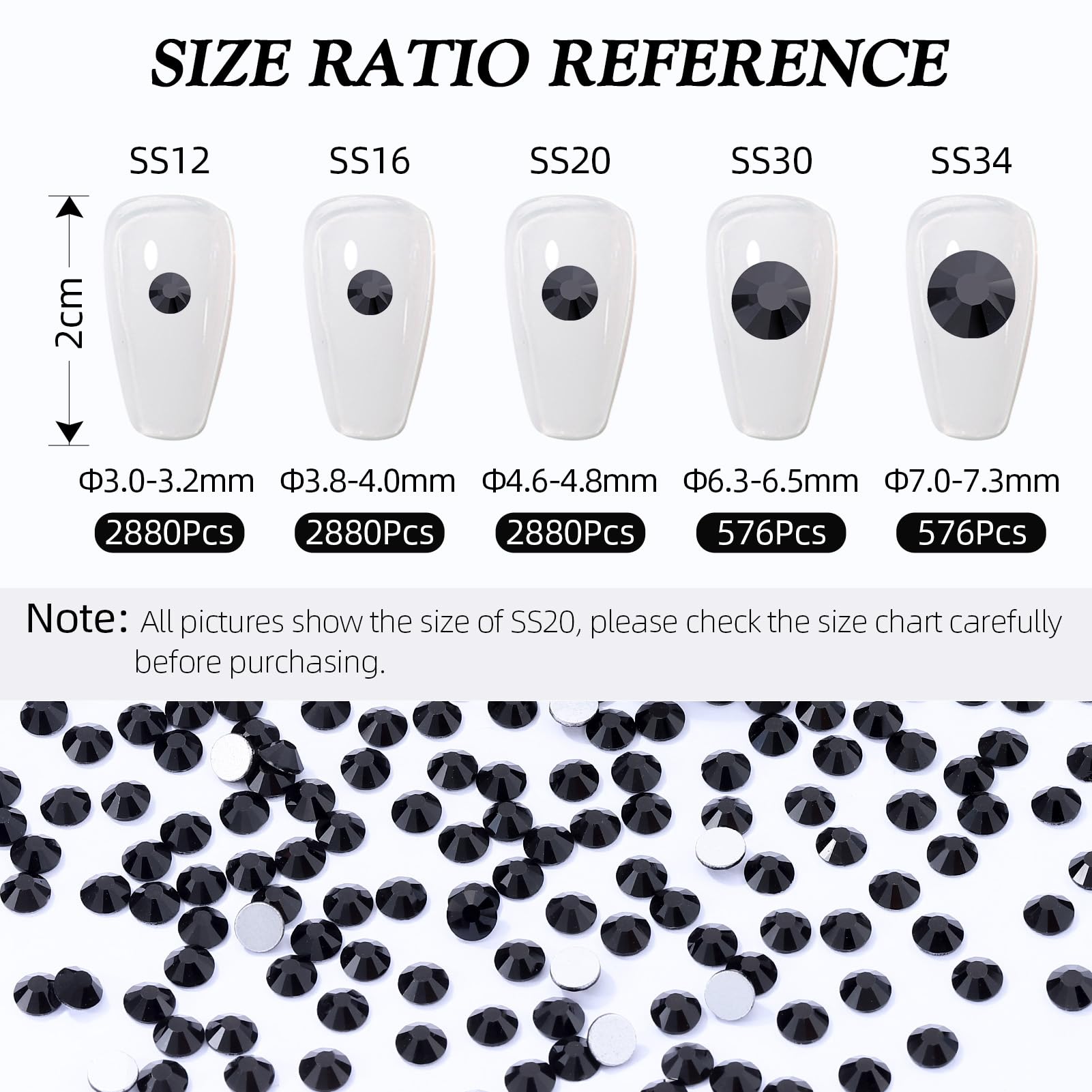 Meibite Black Flatback Glass Rhinestones SS34 – 576pcs, 7.1–7.3mm for Nail Art & Crafts