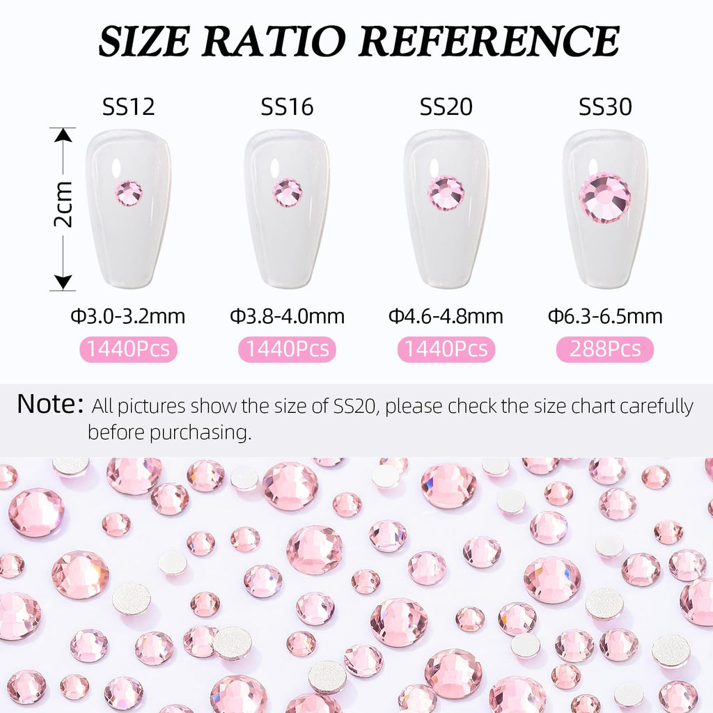 MEIBITE Pink Flatback Rhinestones – 2880 SS16 Glass Crystals (3.8-4.0mm) for Nails & Crafts