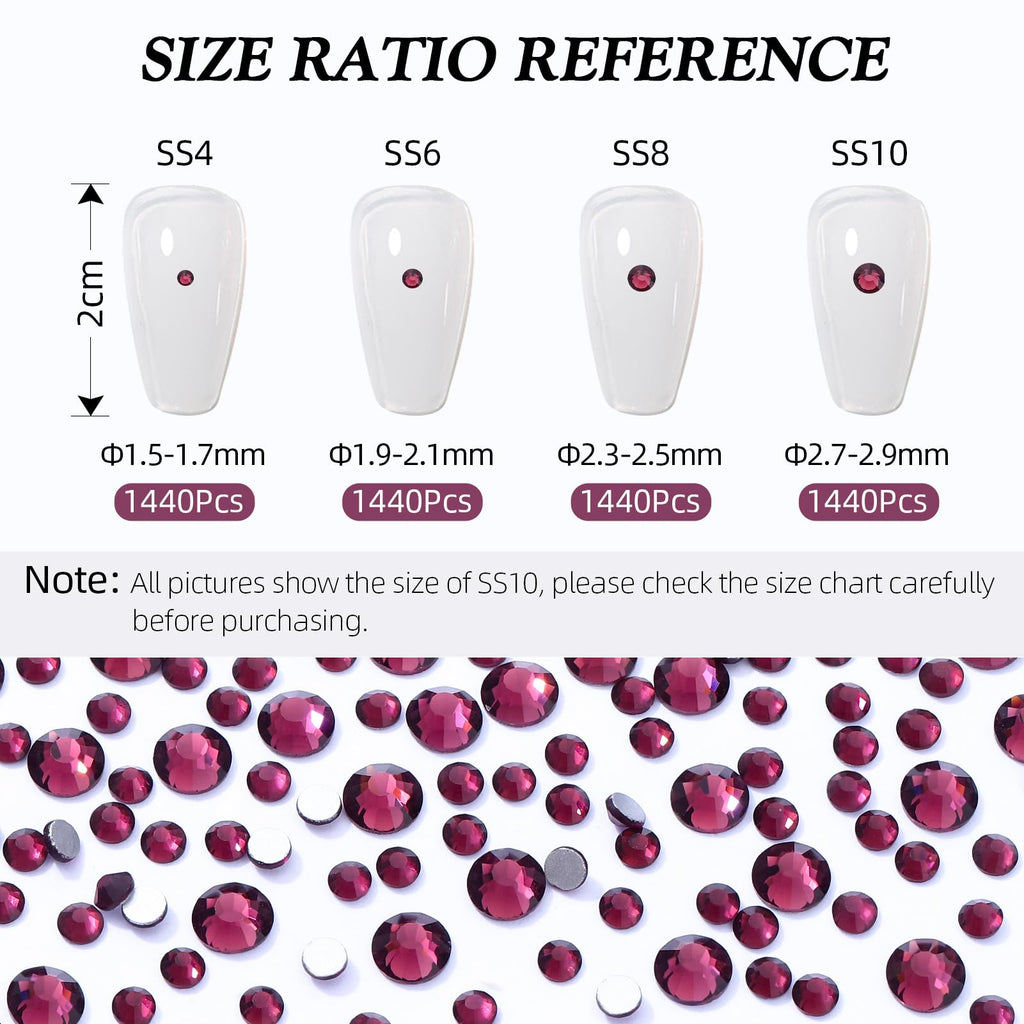 Meibite Purple Flatback Rhinestones – 1440pcs Glass Rhinestones (SS10, 2.7–2.8mm) for Nails & Crafts
