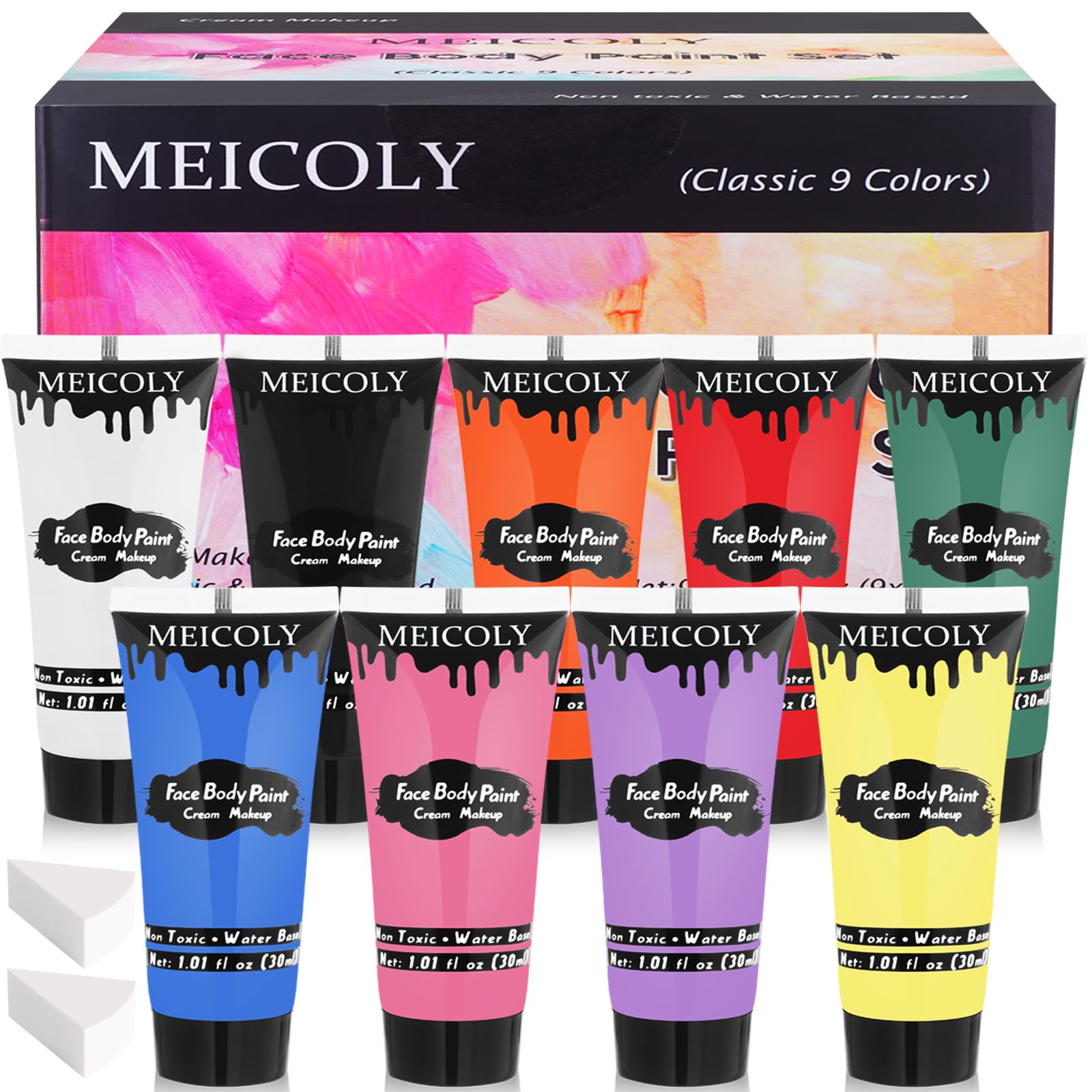 MEICOLY 9 Colors Face Body Paint Set – Water-Based, Washable 9x1.01 oz Box (Elphaba Green) for Halloween & Cosplay