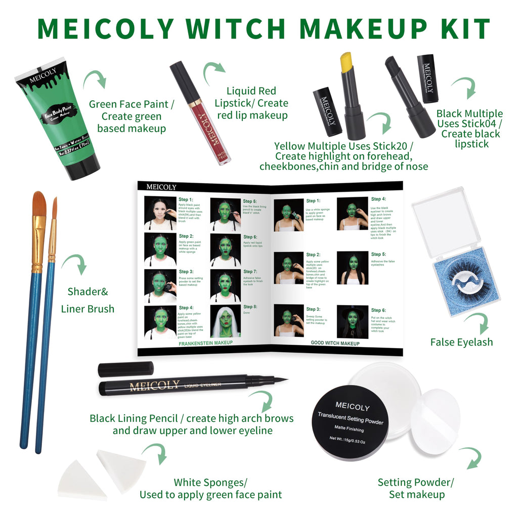 MEICOLY Green Witch Makeup Kit | SFX Halloween Set for Elphaba & Frankenstein