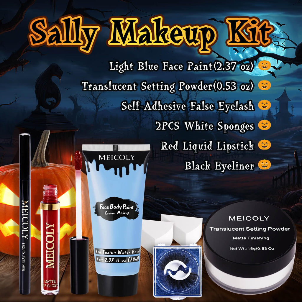 MEICOLY Sally Makeup Kit - Professional Sally Costume Makeup with Face Paint, Lipstick, Eyeliner & Setting Powder