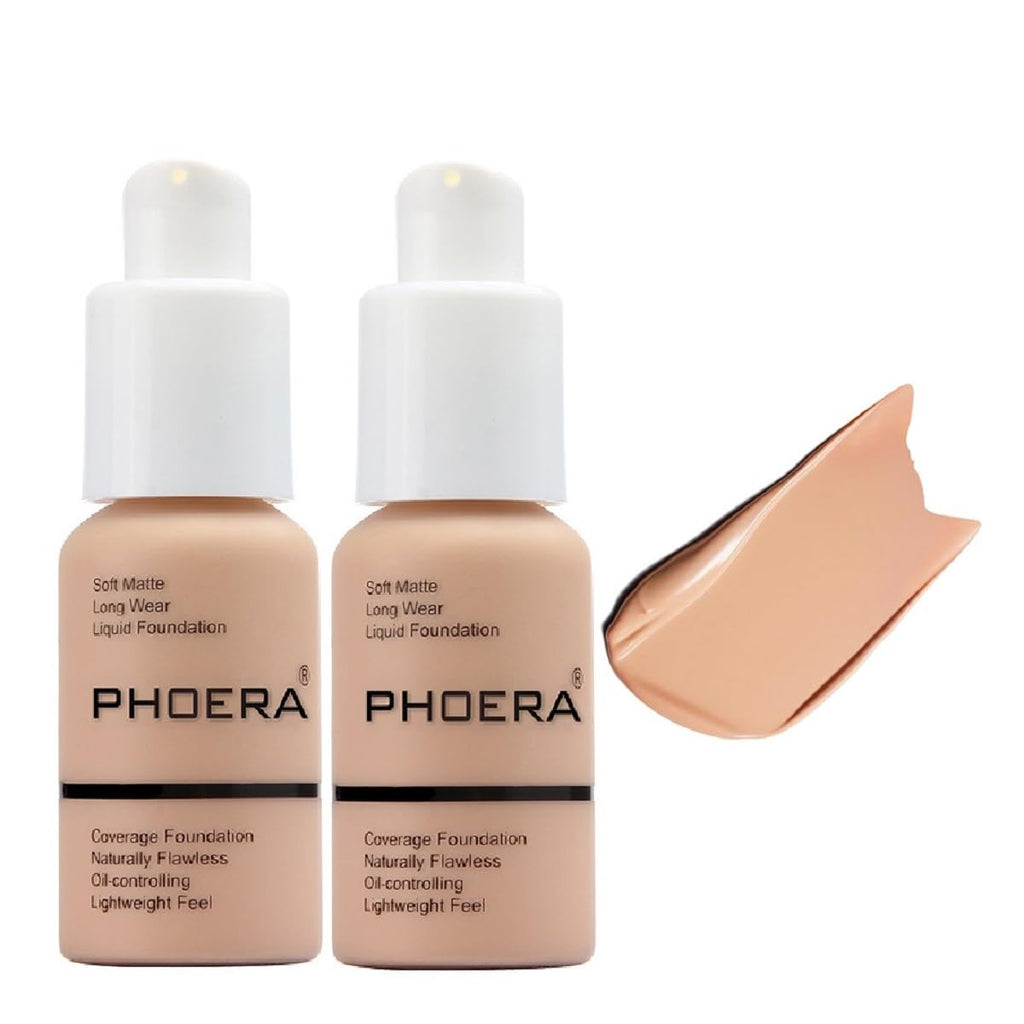 Meifen 2-Pack PHOERA Foundation – Full Coverage Matte Finish, 24HR Oil-Control Foundation (103 Warm Peach)