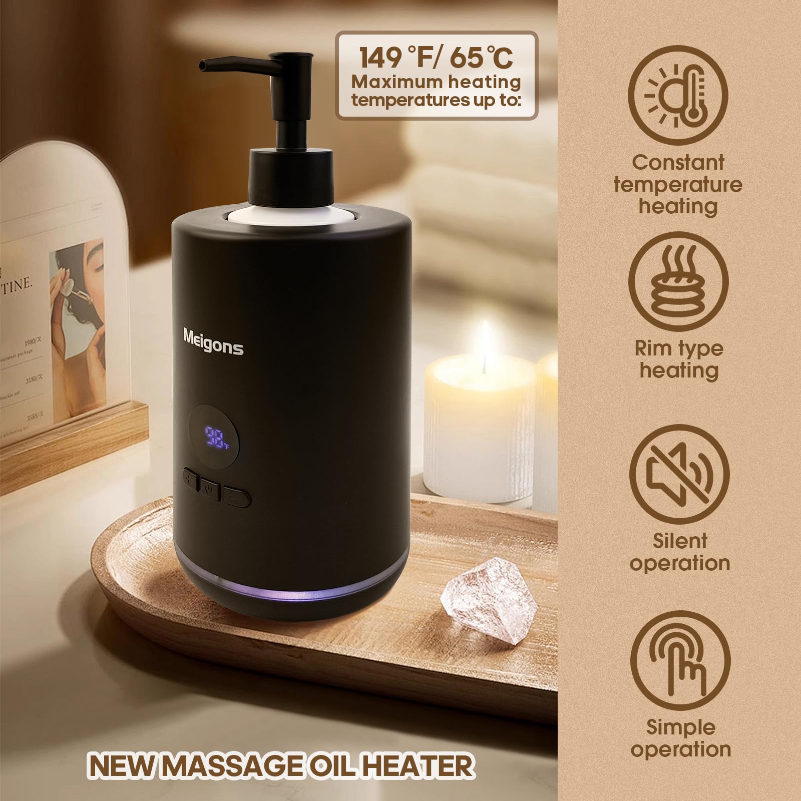 Meigons Oil Warmer for Massage - Constant Temperature - Dual Dispenser - Black