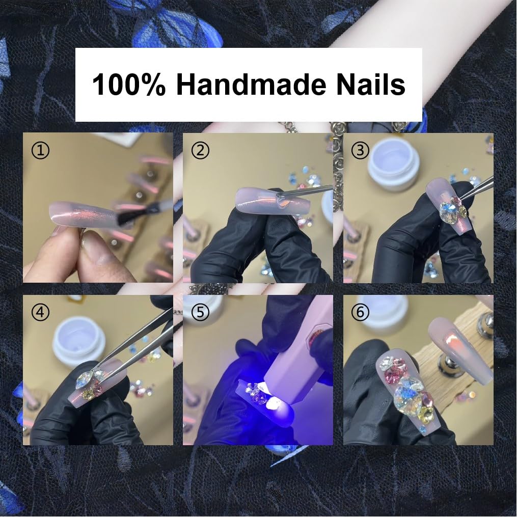MellowBells Press On Nails – Handmade Blue Nails with Ring Styling, 10Pcs, 33mm Long, Party Ready
