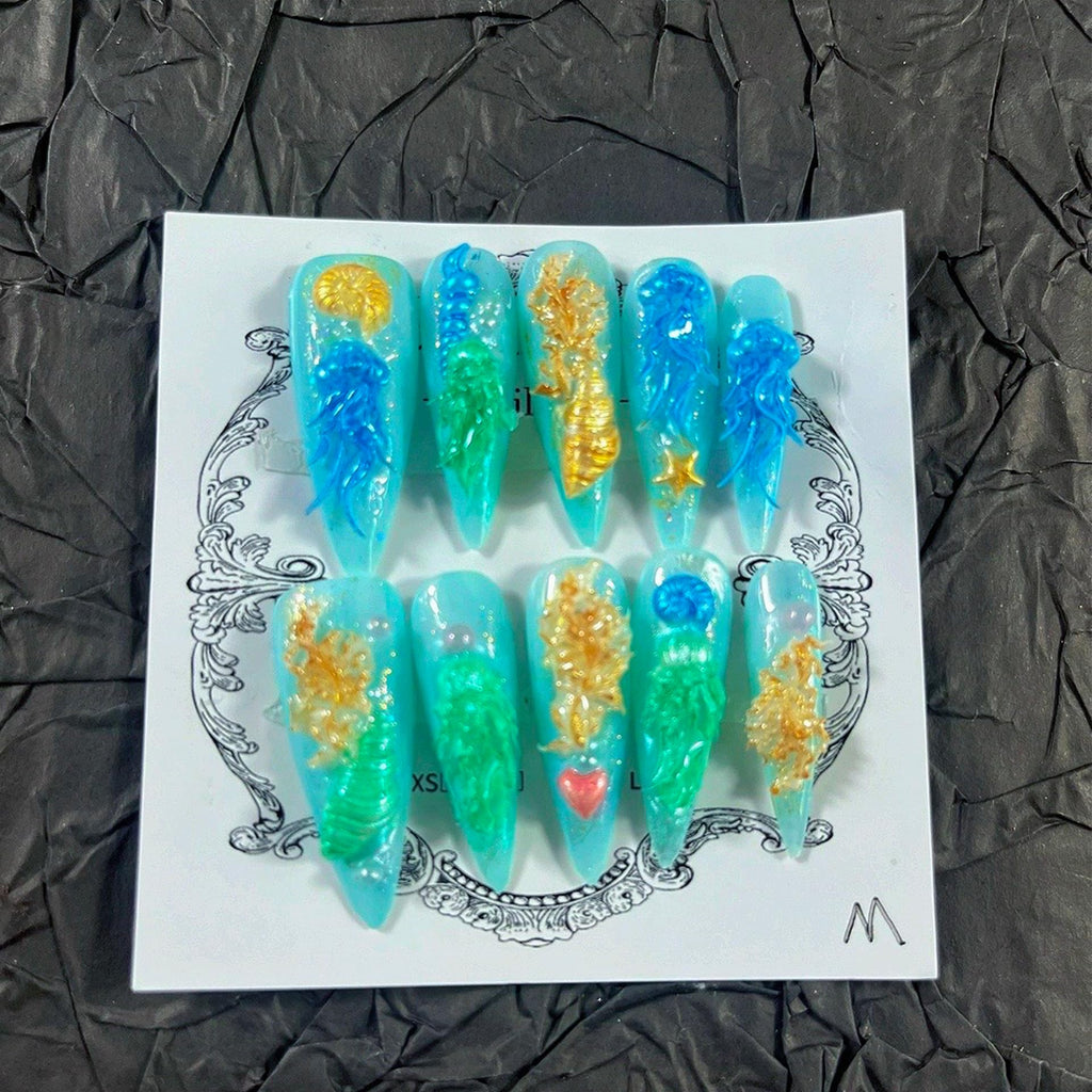MellowBells Press On Nails 10Pcs Blue Embossed Handmade 33mm Long – Quick DIY Manicure