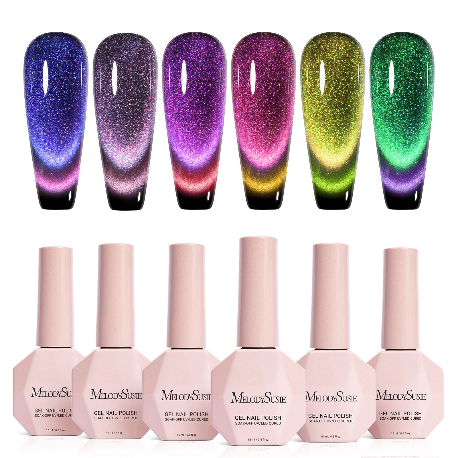 MelodySusie 9D Chameleon Cat Eye Gel Nail Polish Set – 6 x 15ml with Magnet