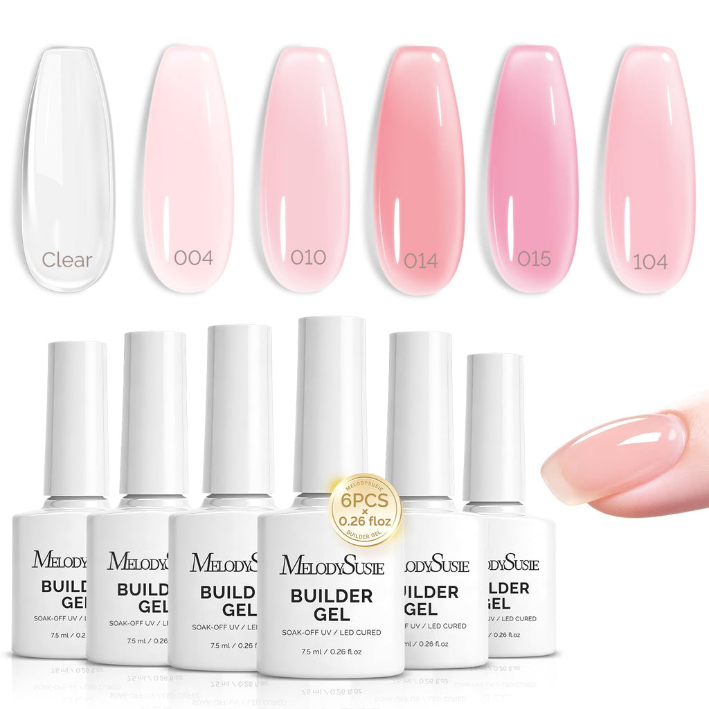 MelodySusie Builder Gel Nail Set – 6 Jelly Pink Gels, Thickening Base, UV/LED Cure
