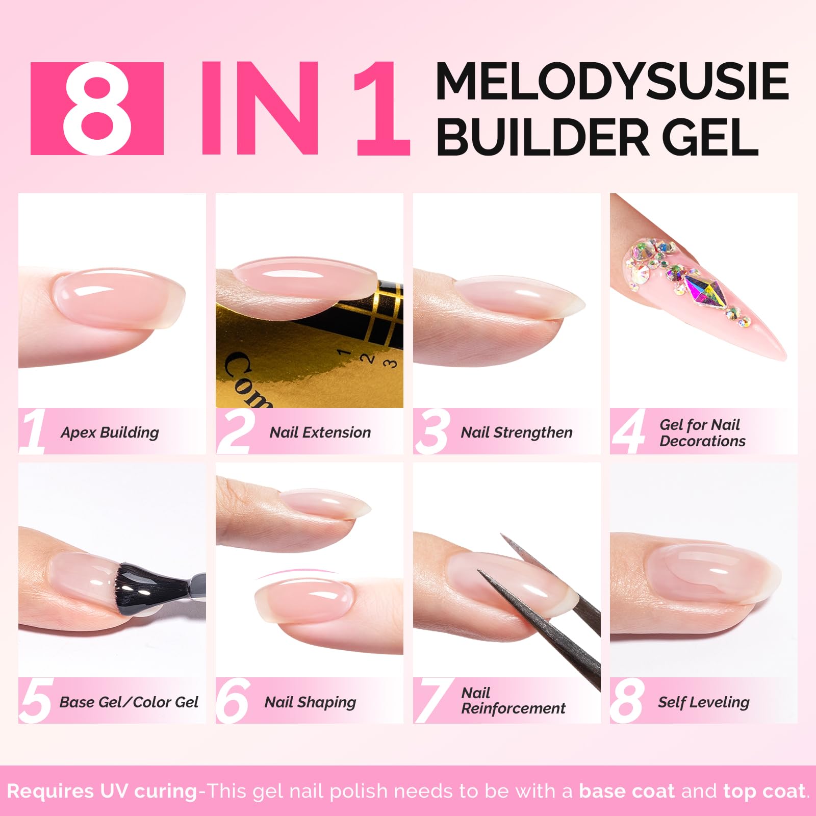 MelodySusie Builder Gel Nail Kit — 6 Nude Pink Thickening Gels, 8-in-1 Base Gel, UV/LED Cure