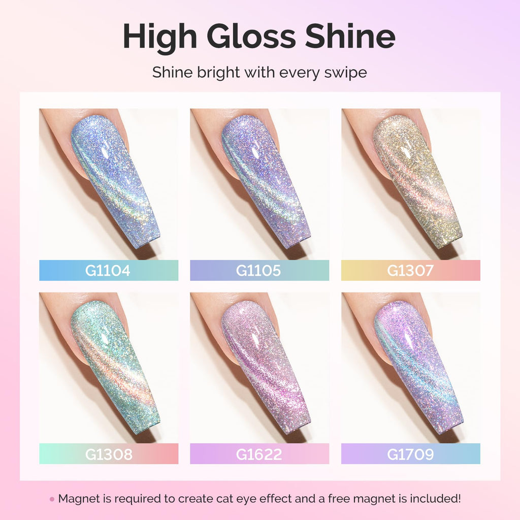MelodySusie Glitter Cat Eye Gel Nail Polish Set – 6x 15ml Magnetic UV Polish for DIY Manicures