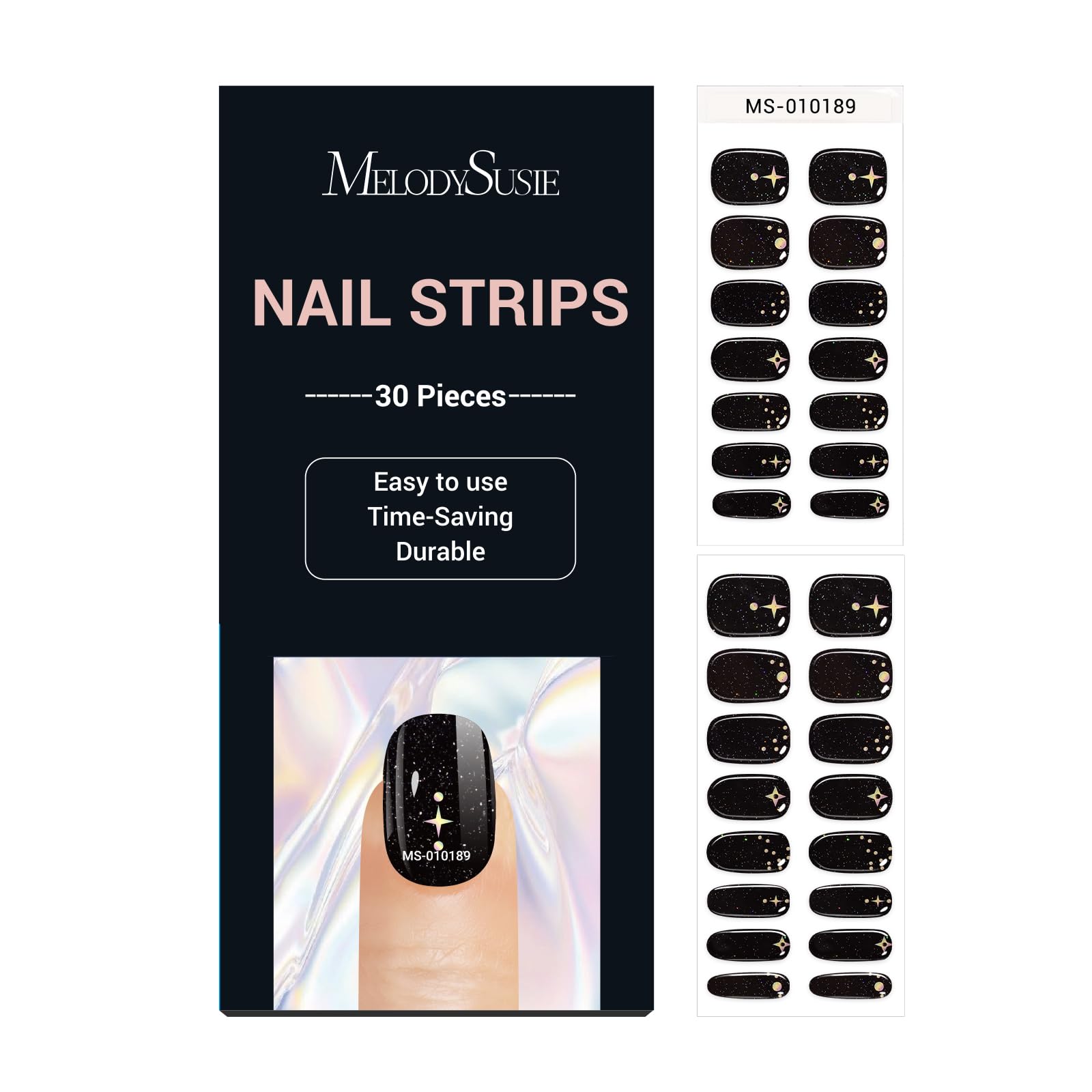 MelodySusie 30Pcs Semi-Cured Gel Nail Strips – Dark Glitter Stars | Easy, Long-Lasting Salon-Quality