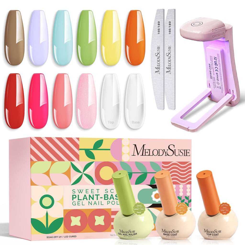 MelodySusie Dopamine Colors Gel Nail Polish Set with Mini UV Light – 10 Pigmented Shades + Top & Base Coats