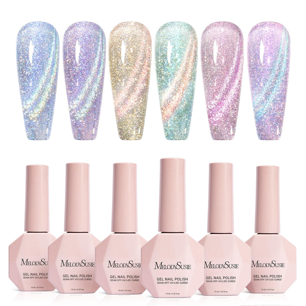 MelodySusie Glitter Cat Eye Gel Nail Polish Set – 6x 15ml Magnetic UV Polish for DIY Manicures