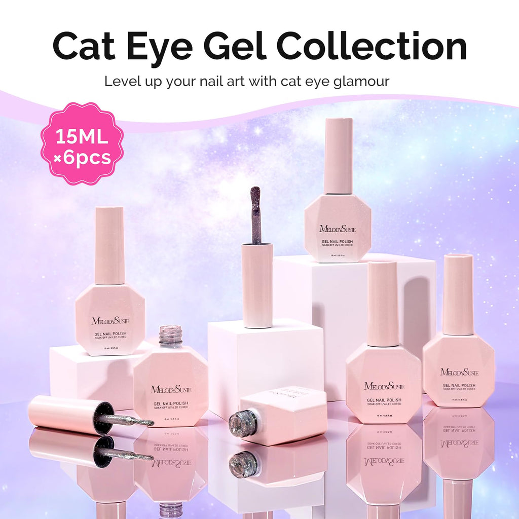 MelodySusie Glitter Cat Eye Gel Nail Polish Set – 6x 15ml Magnetic UV Polish for DIY Manicures