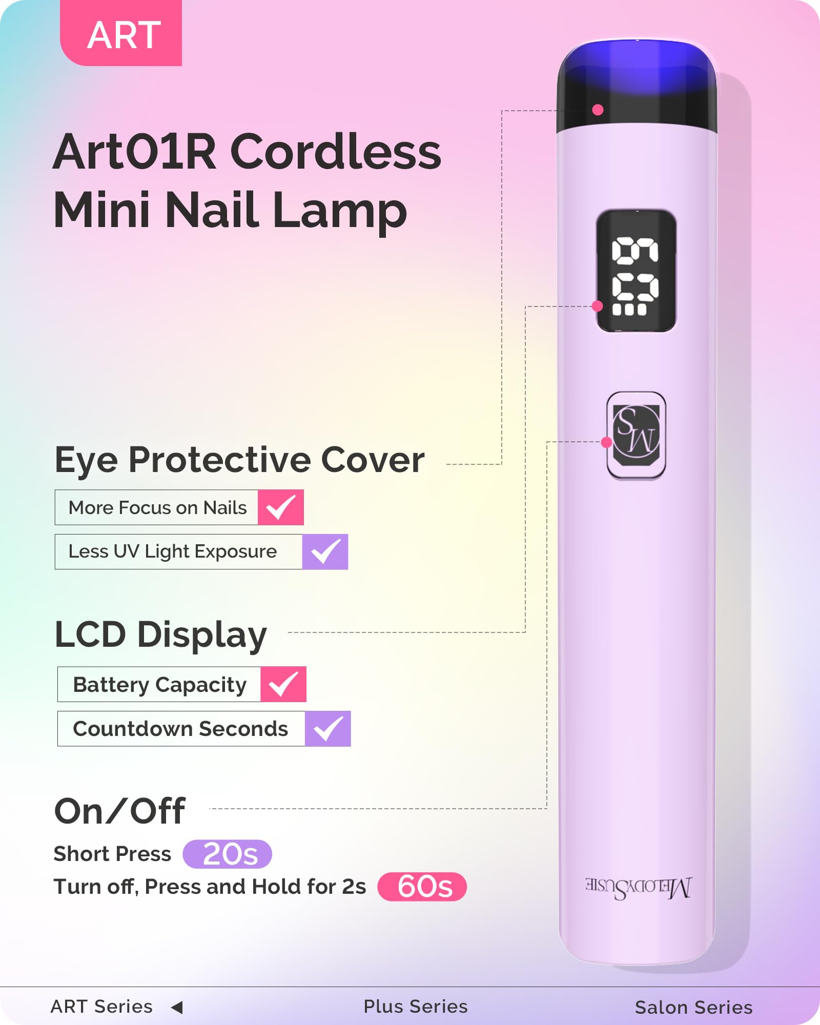 MelodySusie ART01R Handheld UV Light – Cordless Gel Nail Lamp with LCD Display