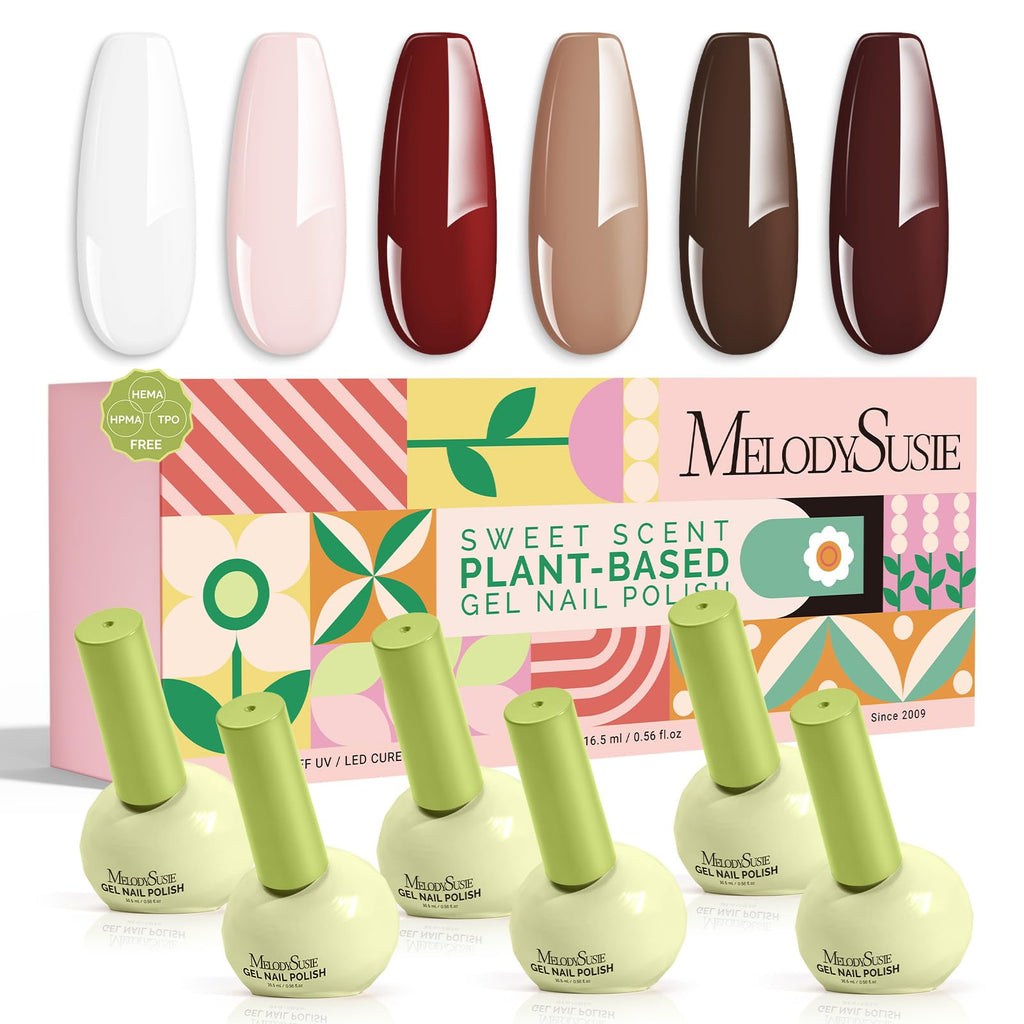 MelodySusie Highly Pigmented Gel Nail Polish Set – 6 Nude Neutral Shades, Tilt-and-Stand Bottle, 0.56 fl oz, Plant-Based 3-Free Formula