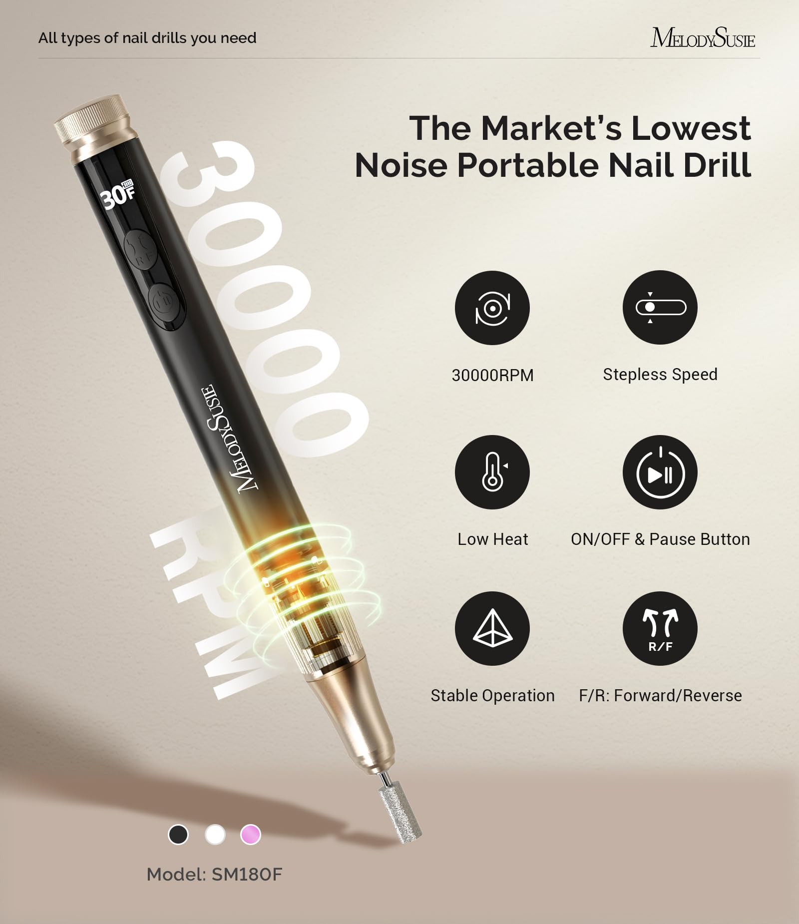 MelodySusie Pen-Shaped Cordless Nail Drill SM180F – 30000RPM, LED Display, Portable E-File for Home Manicure and Gel Removal