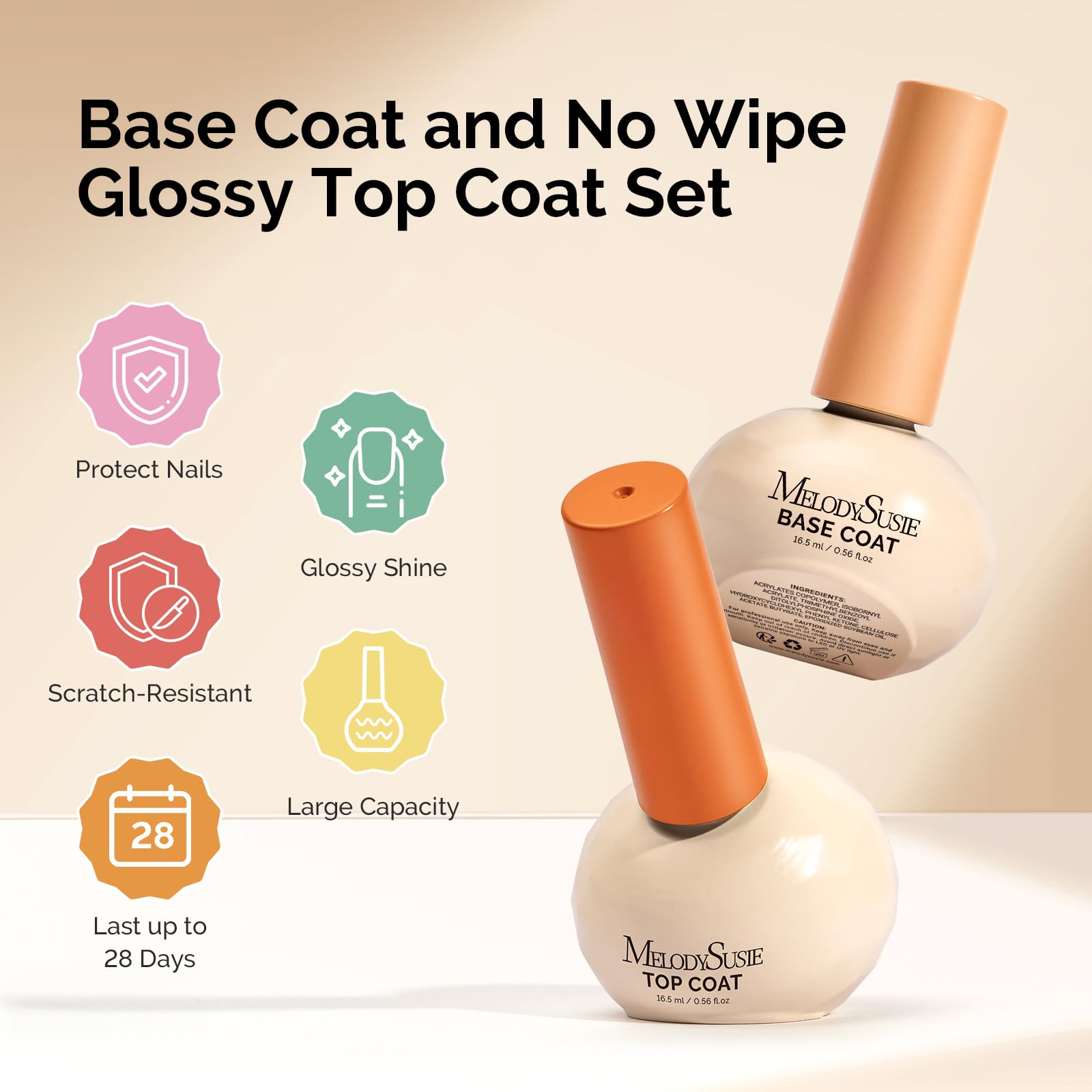 MelodySusie Plant-Based Gel Base & Glassy Top Coat Set — Tilt-and-Stand Bottle, 16.5ml, 2 Pcs, TPO/HEMA/HPMA Free