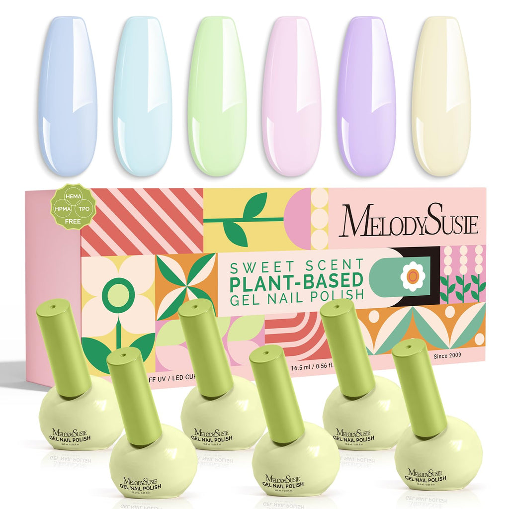 MelodySusie Macarons Gel Nail Polish Set – HEMA-Free Plant-Based Formula, 6 Pastel Shades, Tilt‑and‑Stand Bottle