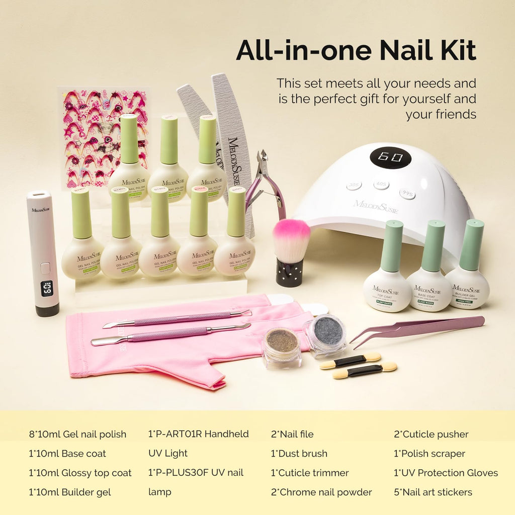 MelodySusie Gel Nail Polish Kit with P-Plus30F UV Nail Lamp – Plant-Based Gel Polish, Base Coat, Top Coat, Builder & Tools
