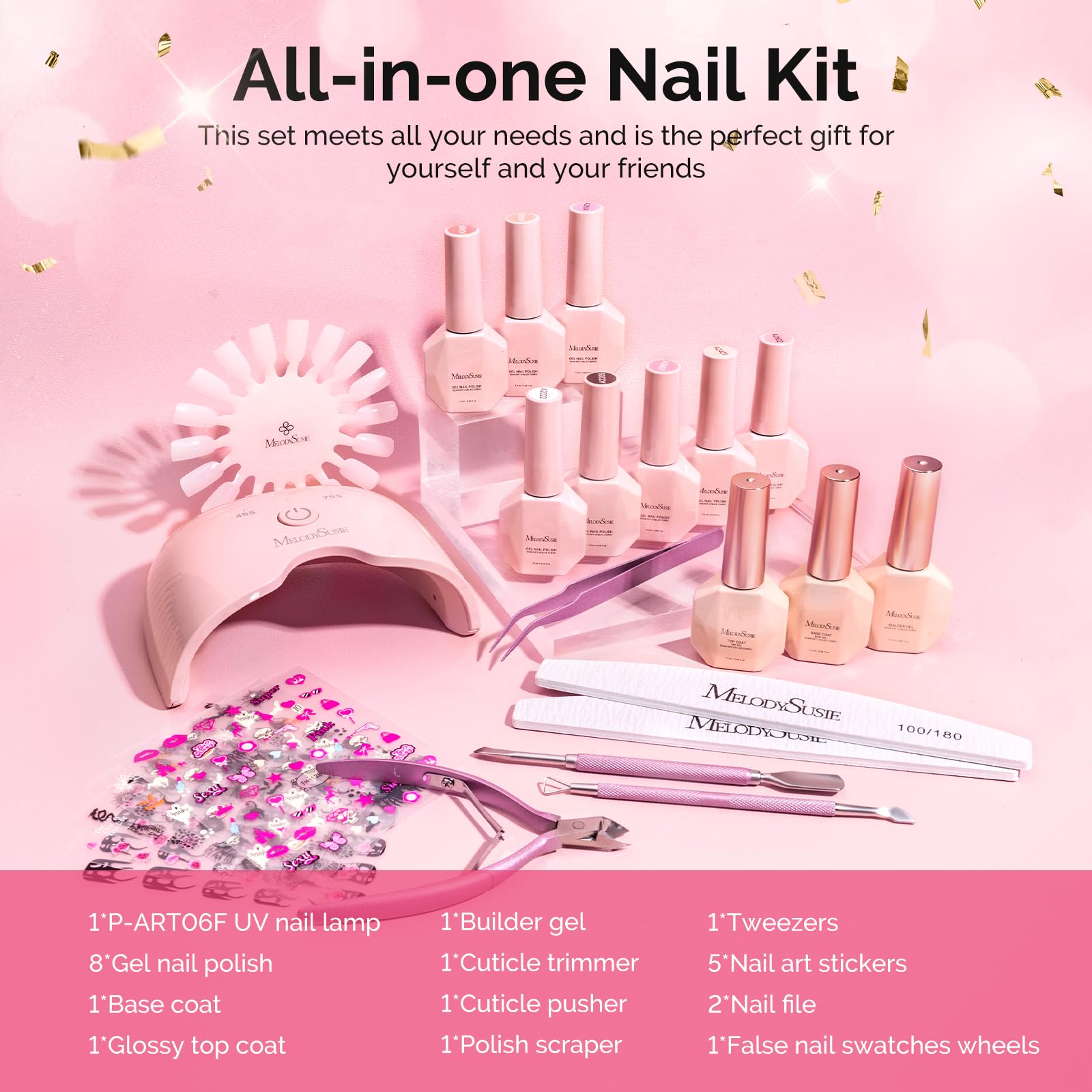 MelodySusie Gel Nail Polish Kit with UV Light P-ART06F – 8 Color Gel, Builder Gel, Base & Top Coat