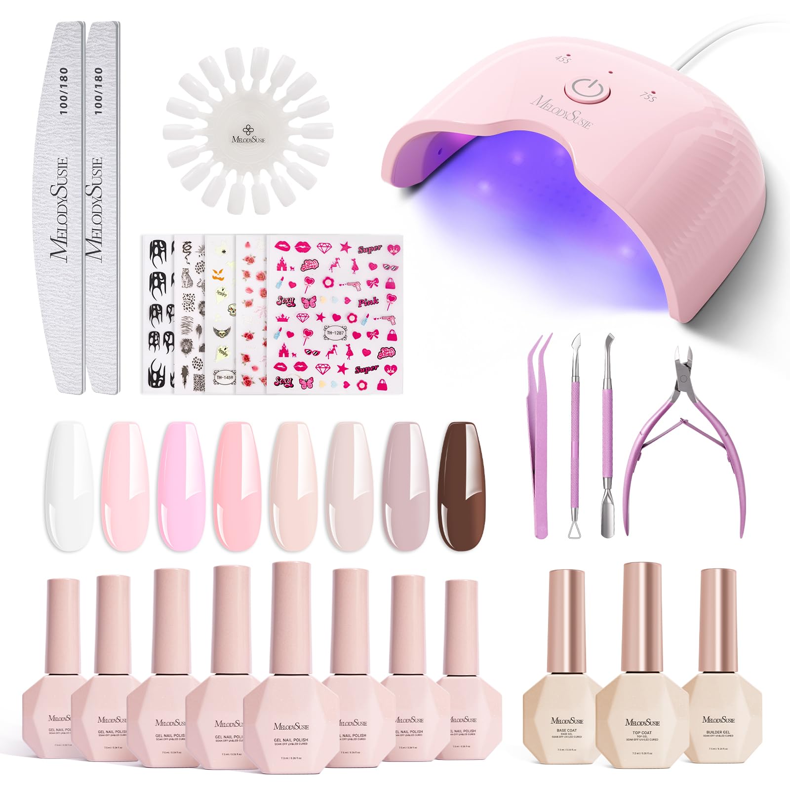 MelodySusie Gel Nail Polish Kit with UV Light P-ART06F – 8 Color Gel, Builder Gel, Base & Top Coat