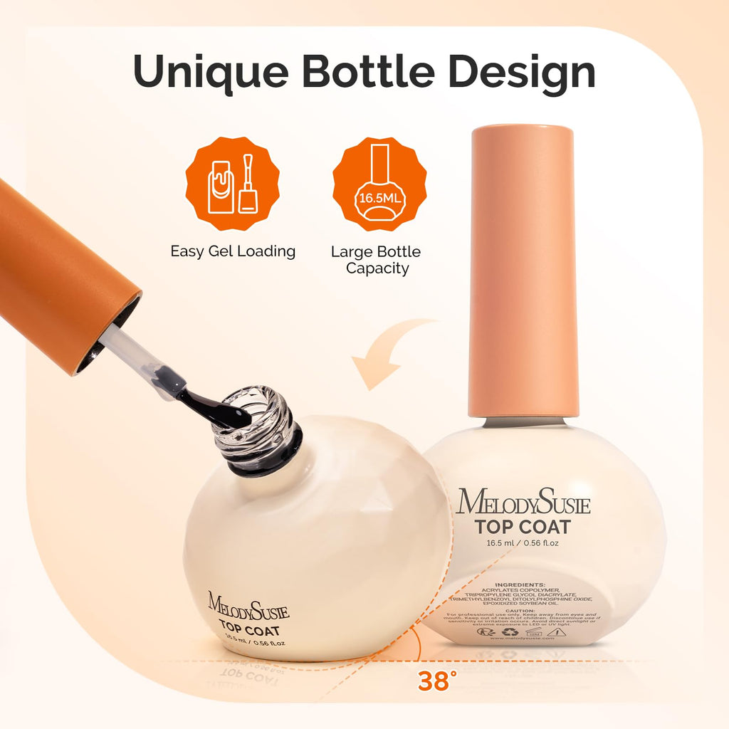 MelodySusie Plant-Based Gel Base & Glassy Top Coat Set — Tilt-and-Stand Bottle, 16.5ml, 2 Pcs, TPO/HEMA/HPMA Free