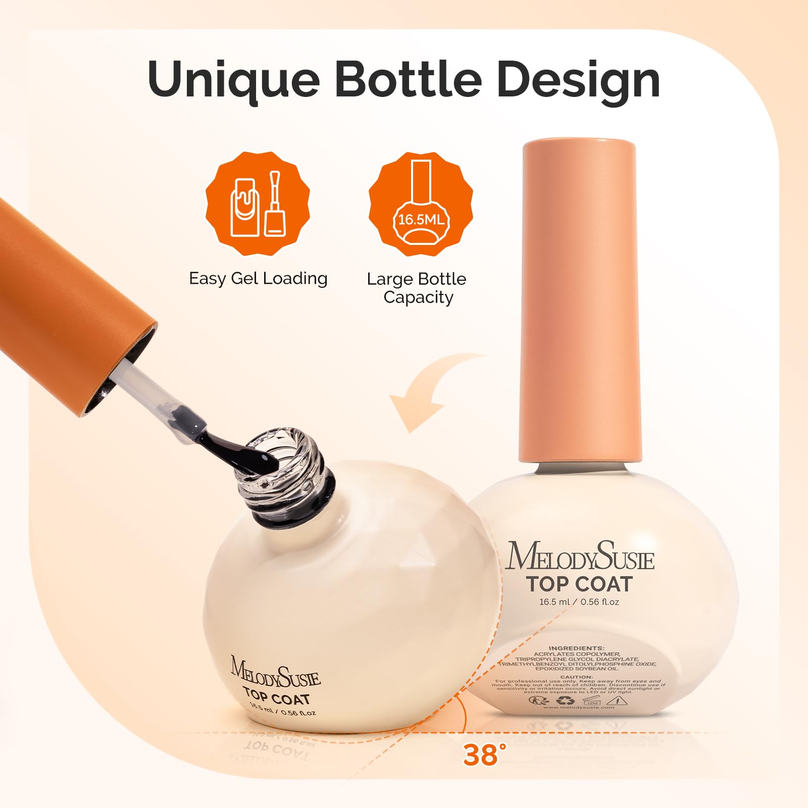 MelodySusie Plant-Based Gel Base & Glassy Top Coat Set — Tilt-and-Stand Bottle, 16.5ml, 2 Pcs, TPO/HEMA/HPMA Free
