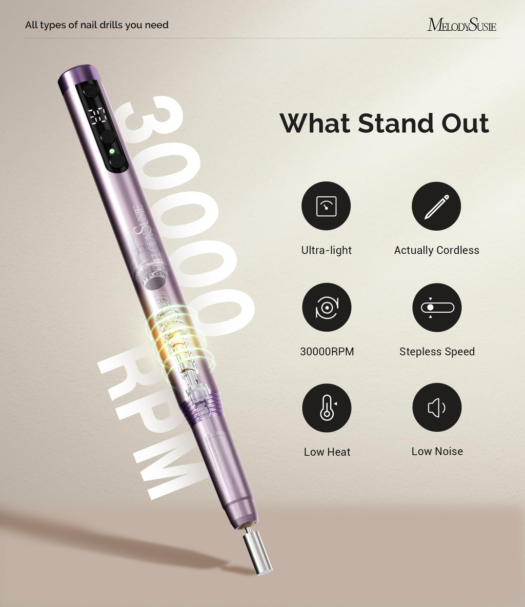 MelodySusie PM170F Pen-Shaped Ultra-Slim Cordless Nail Drill – 30,000 RPM, LED Display, Home Manicure & Gel Removal