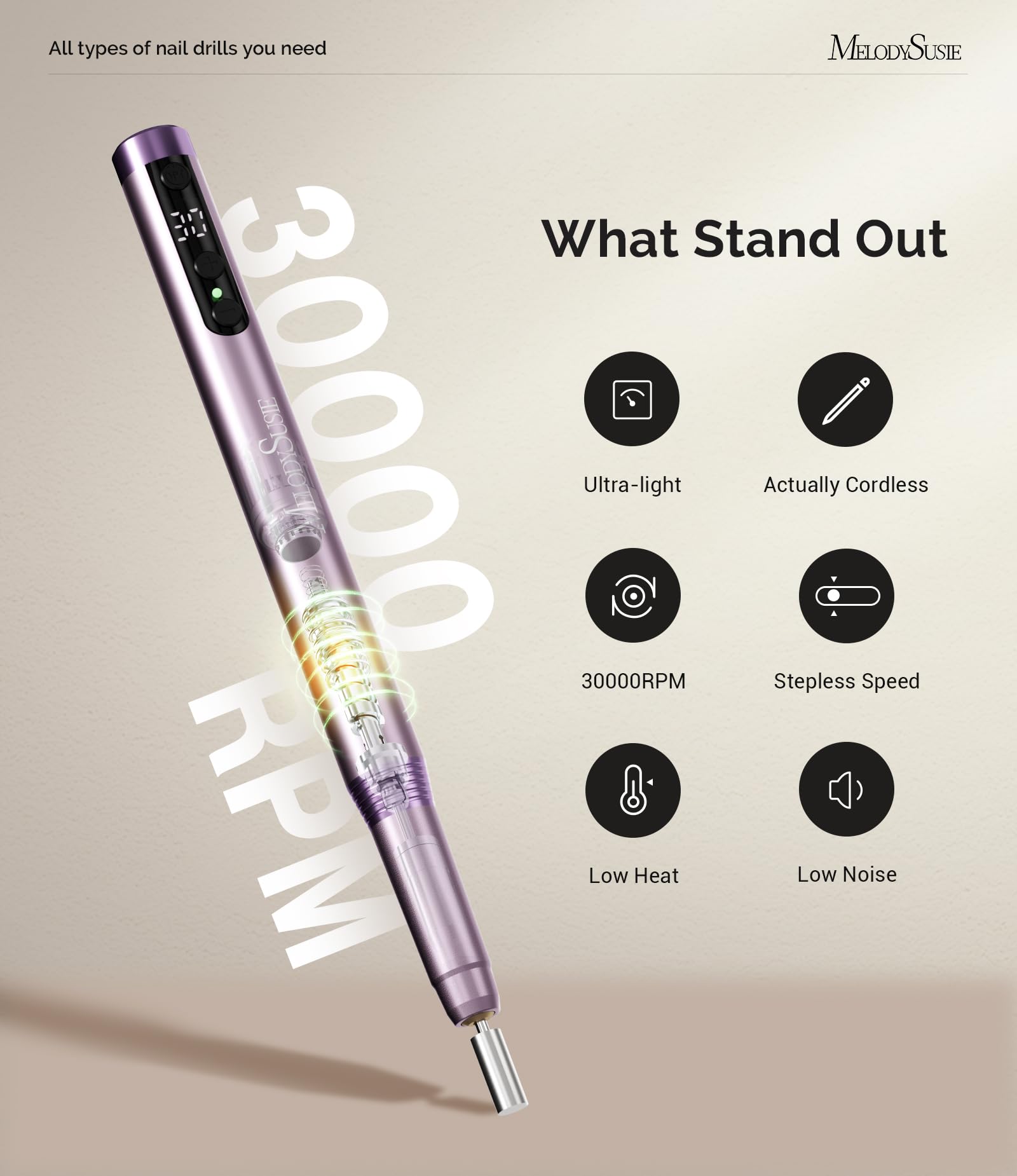 MelodySusie PM170F Pen-Shaped Ultra-Slim Cordless Nail Drill – 30,000 RPM, LED Display, Home Manicure & Gel Removal