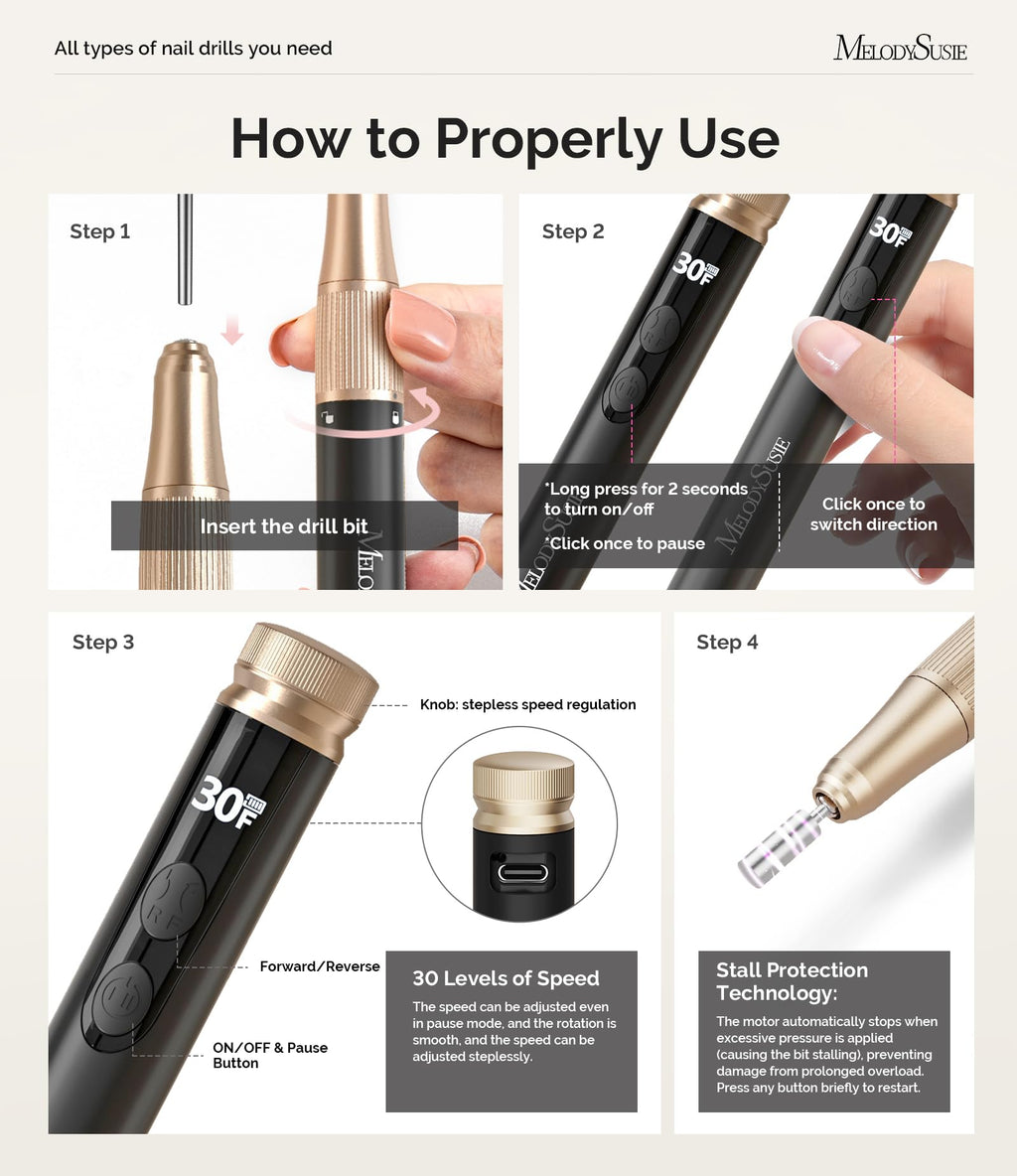MelodySusie Pen-Shaped Cordless Nail Drill SM180F – 30000RPM, LED Display, Portable E-File for Home Manicure and Gel Removal